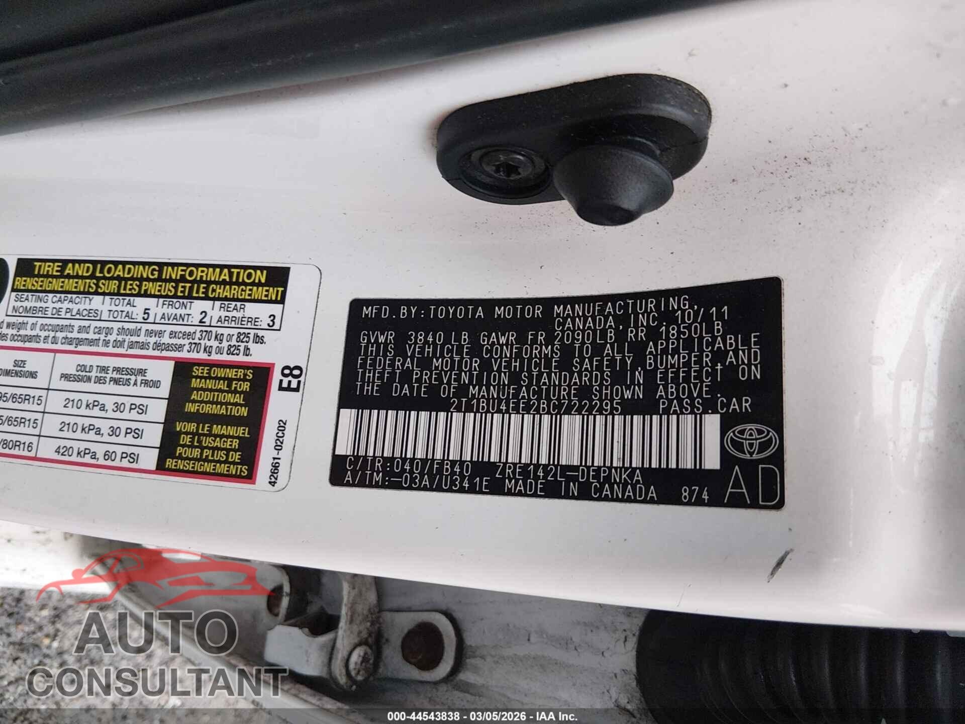 TOYOTA COROLLA 2011 - 2T1BU4EE2BC722295