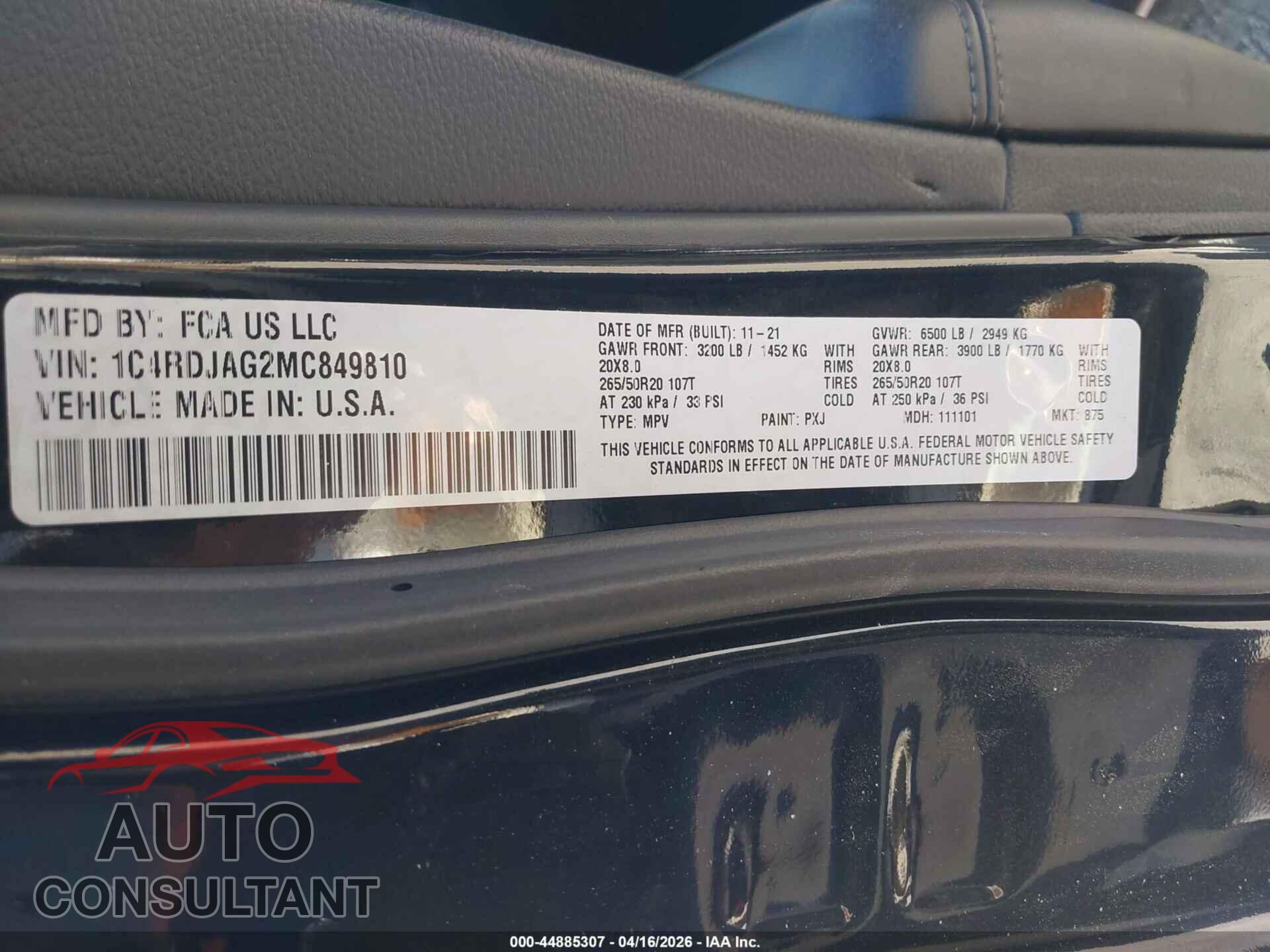 DODGE DURANGO 2021 - 1C4RDJAG2MC849810