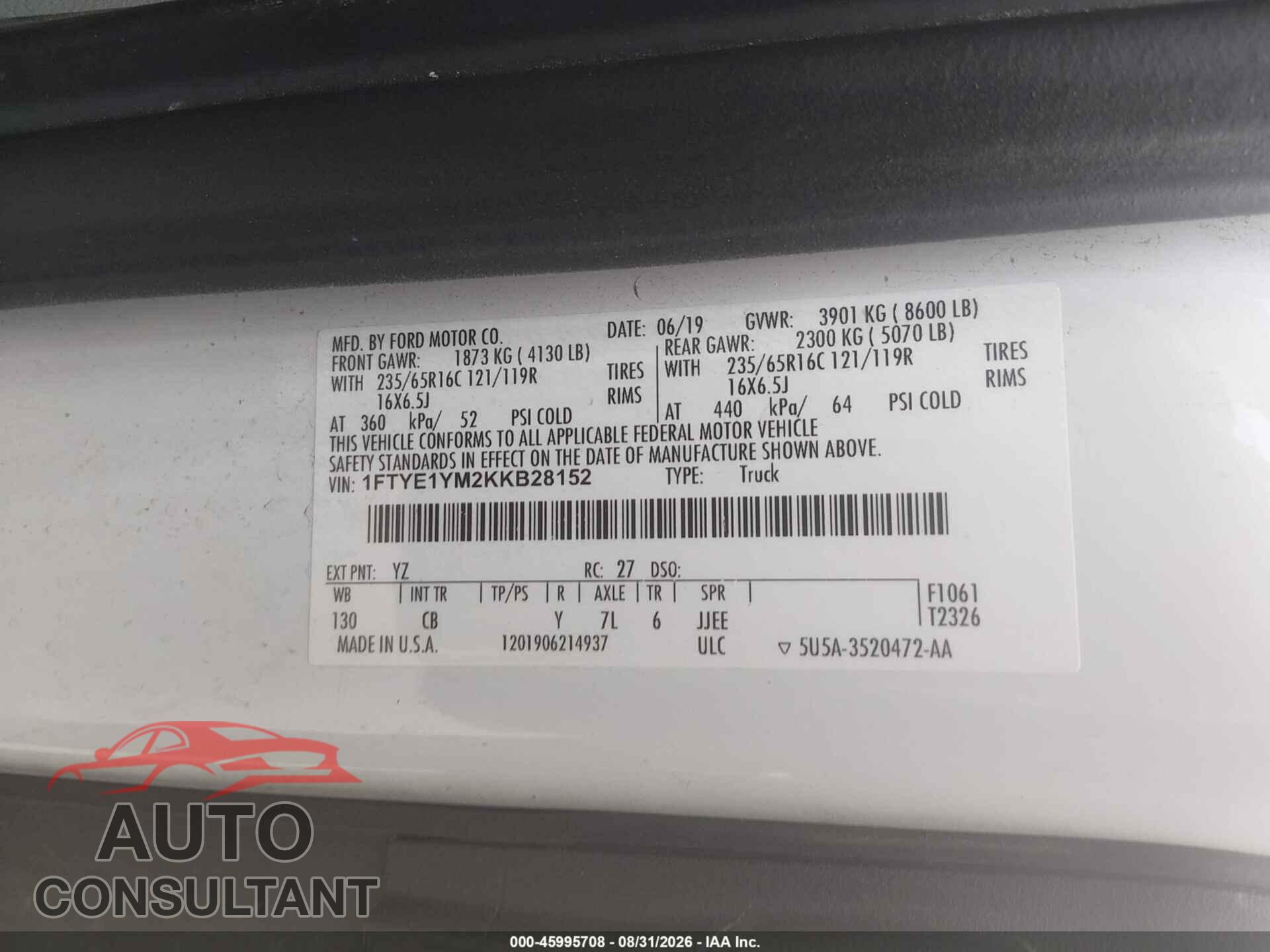 FORD TRANSIT-150 2019 - 1FTYE1YM2KKB28152