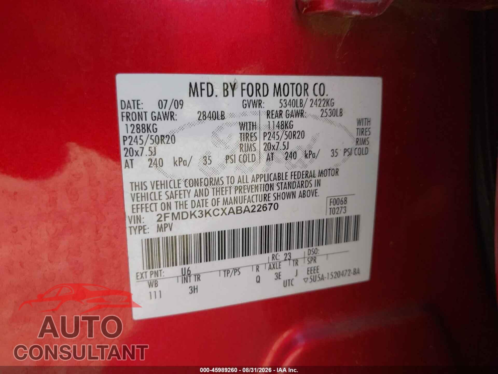 FORD EDGE 2010 - 2FMDK3KCXABA22670