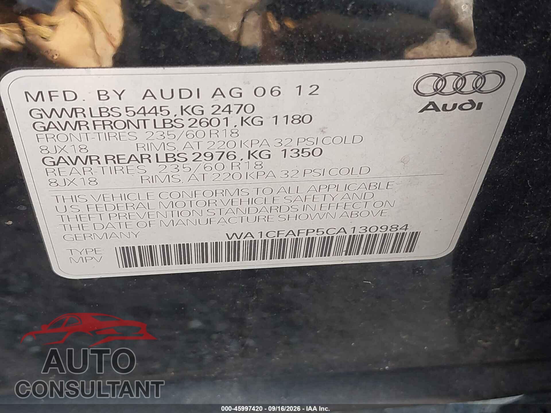 AUDI Q5 2012 - WA1CFAFP5CA130984
