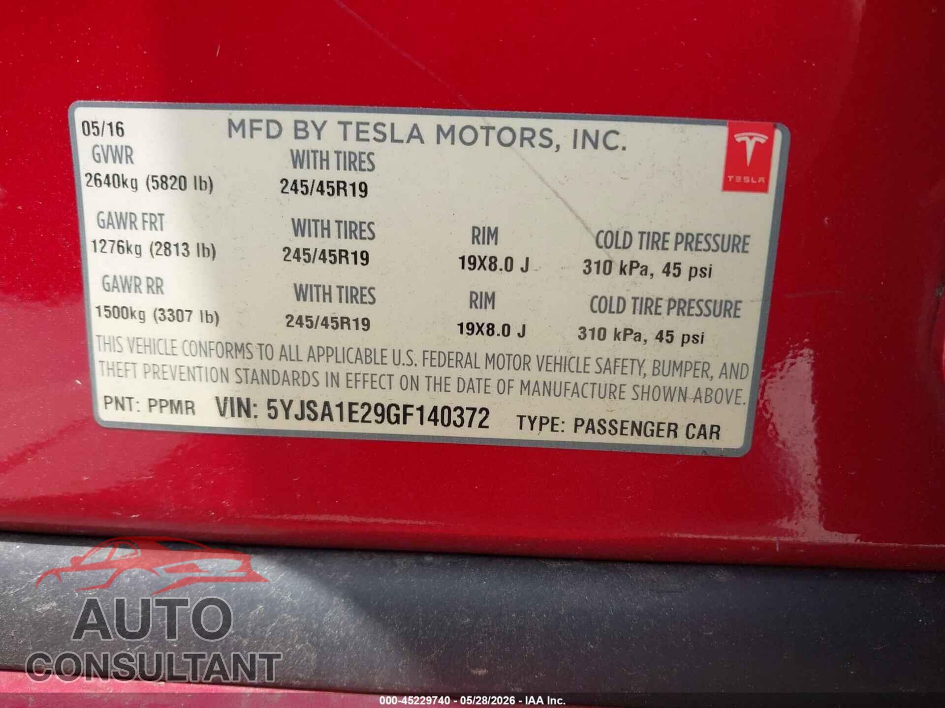TESLA MODEL S 2016 - 5YJSA1E29GF140372
