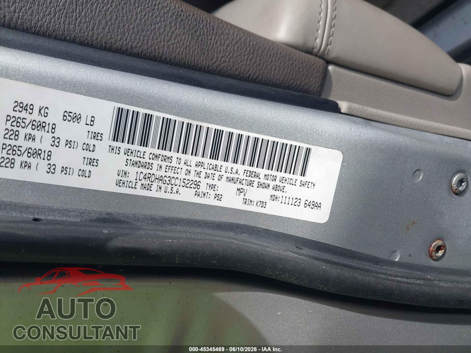 DODGE DURANGO 2012 - 1C4RDHAG3CC152296