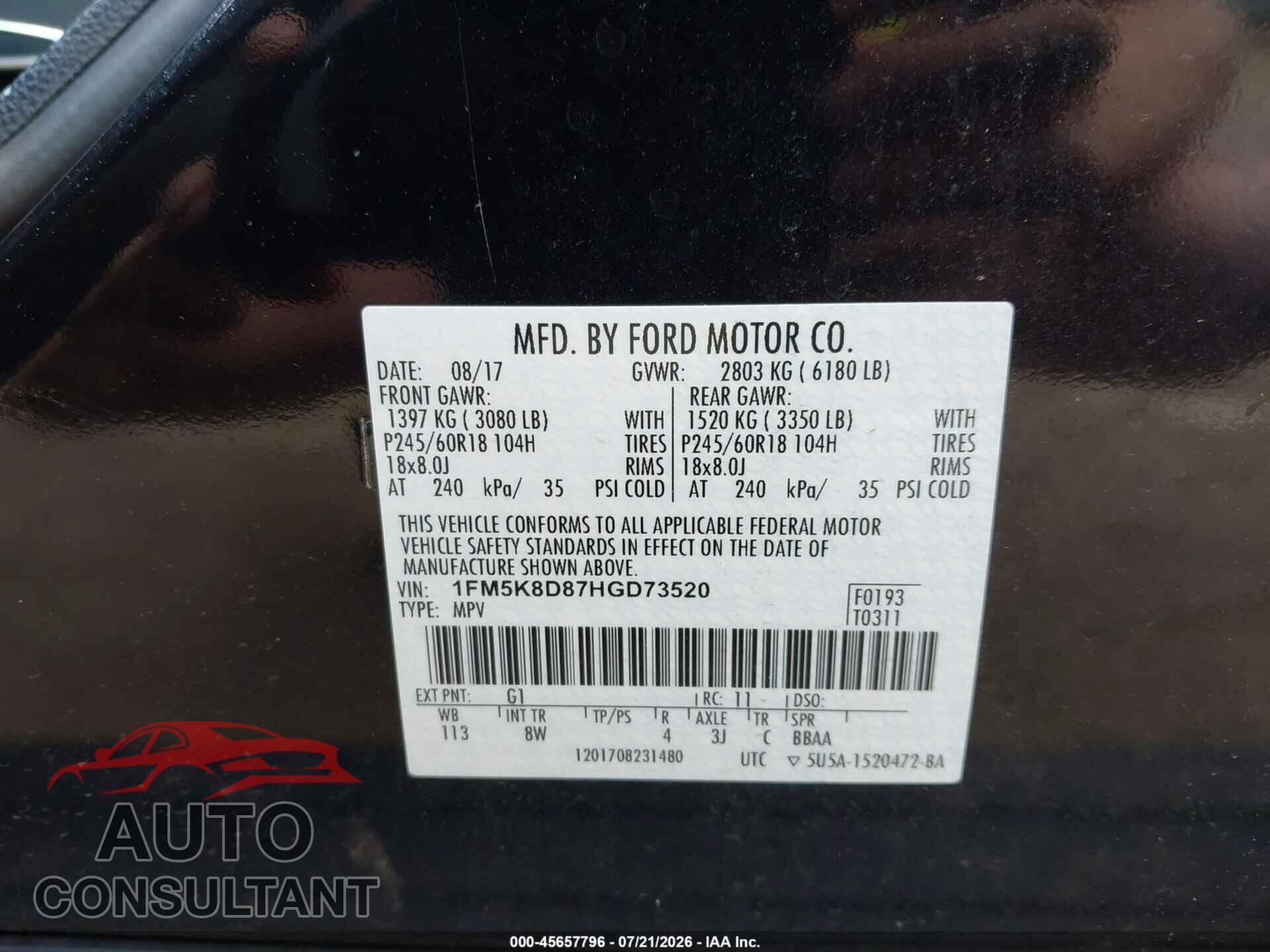 FORD EXPLORER 2017 - 1FM5K8D87HGD73520