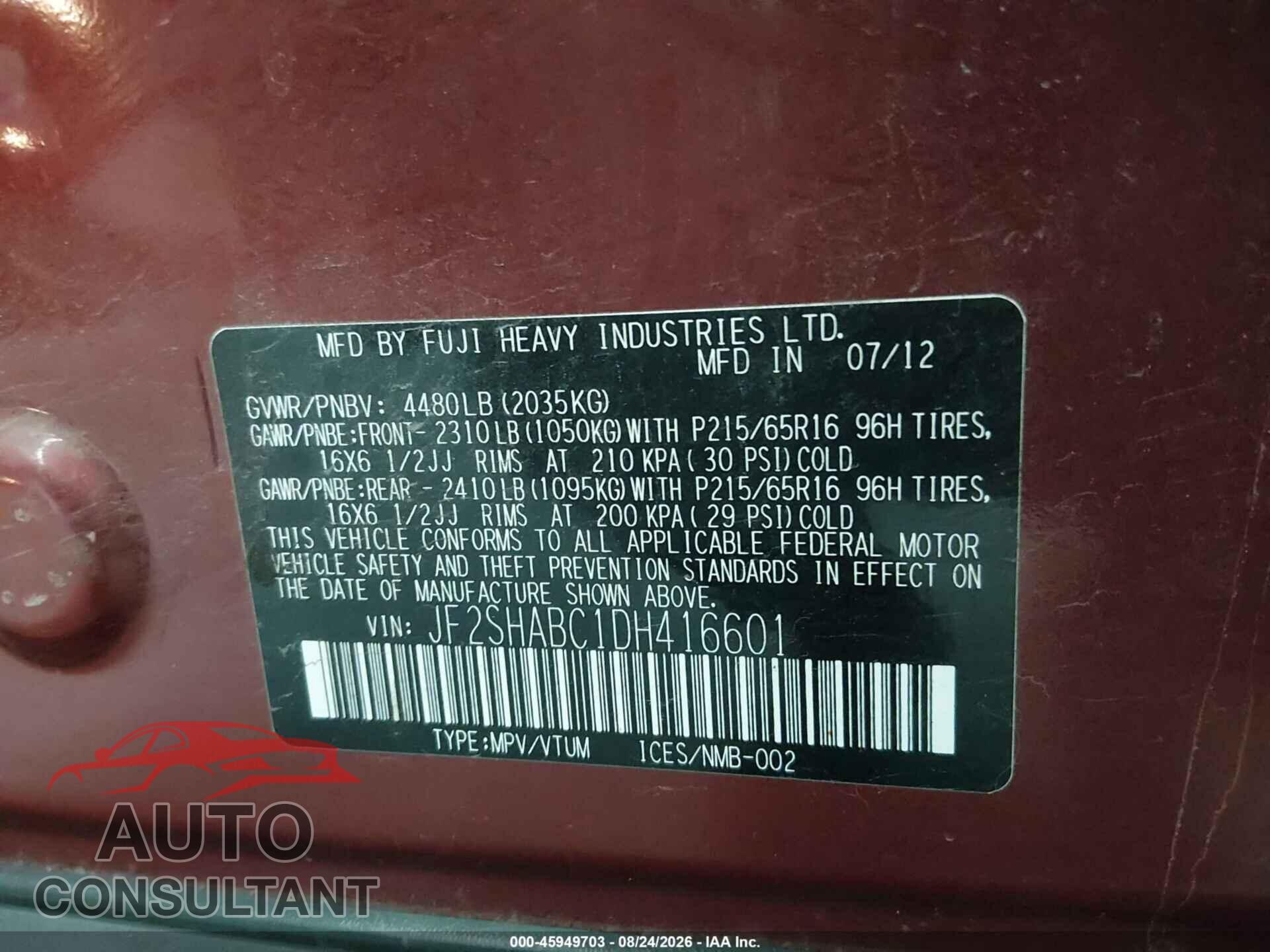 SUBARU FORESTER 2013 - JF2SHABC1DH416601