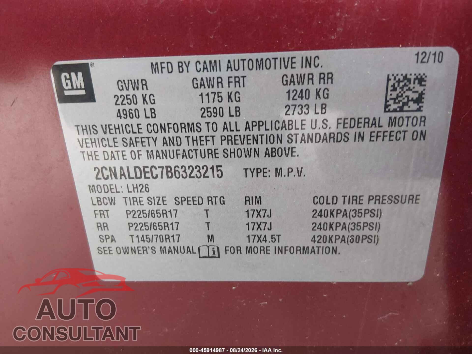 CHEVROLET EQUINOX 2011 - 2CNALDEC7B6323215