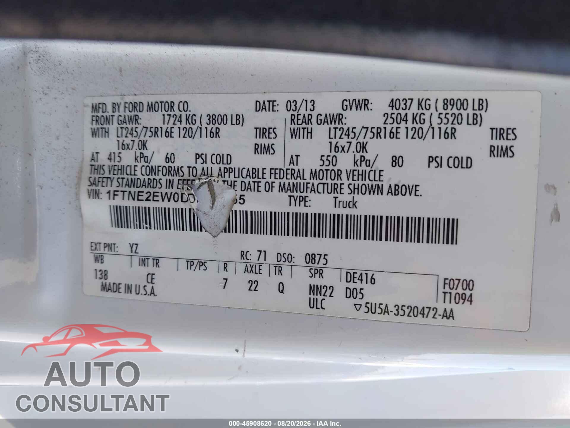 FORD E-250 2013 - 1FTNE2EW0DDA54655