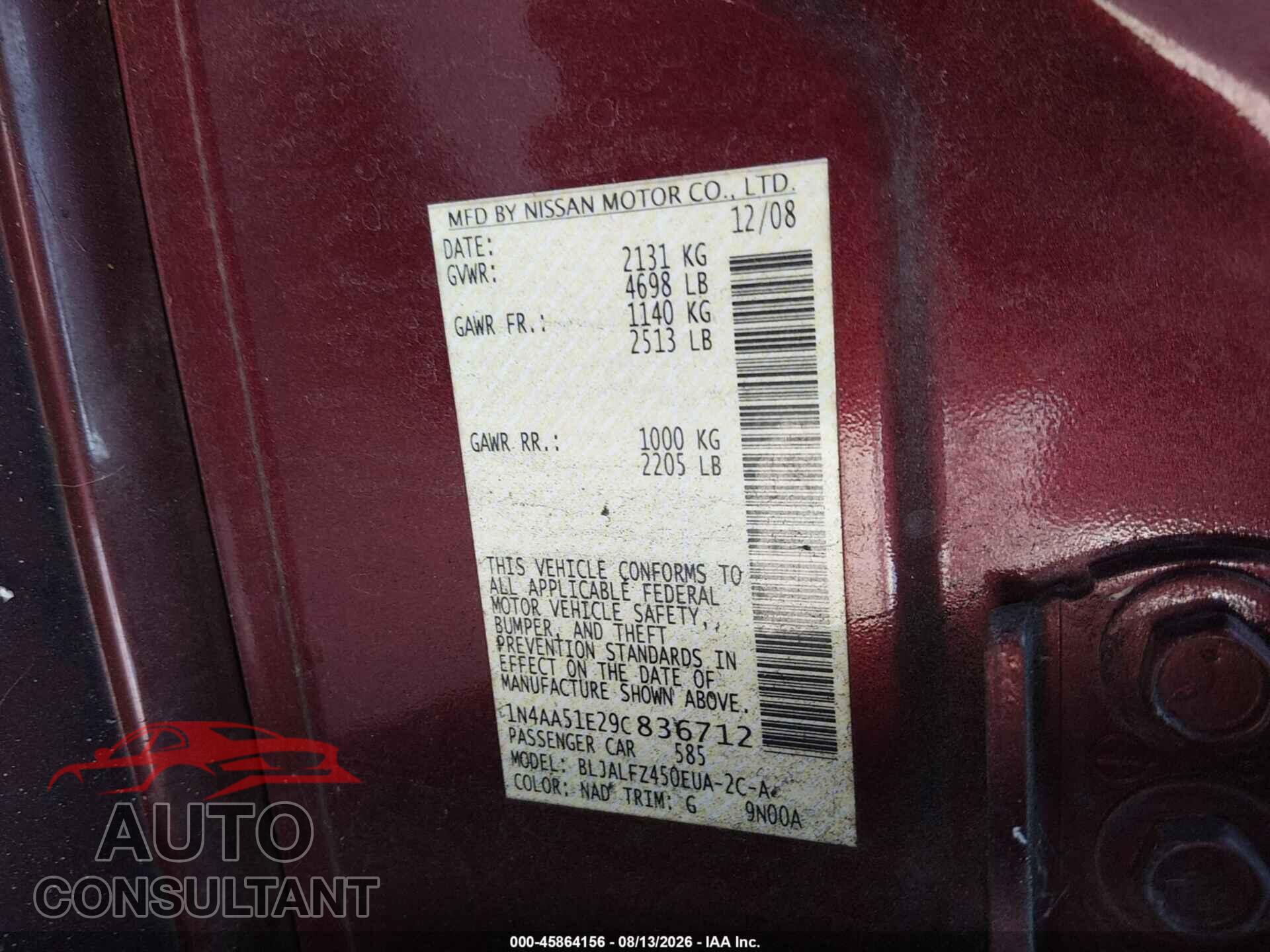 NISSAN MAXIMA 2009 - 1N4AA51E29C836712