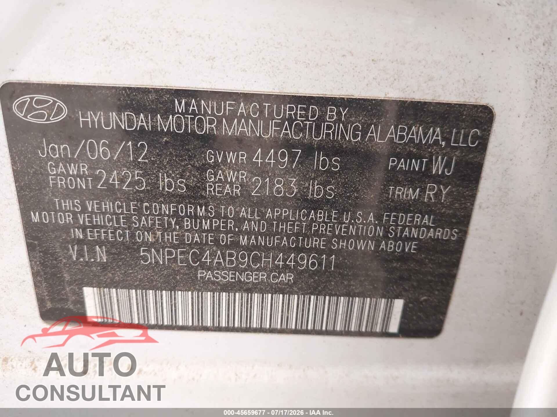HYUNDAI SONATA 2012 - 5NPEC4AB9CH449611