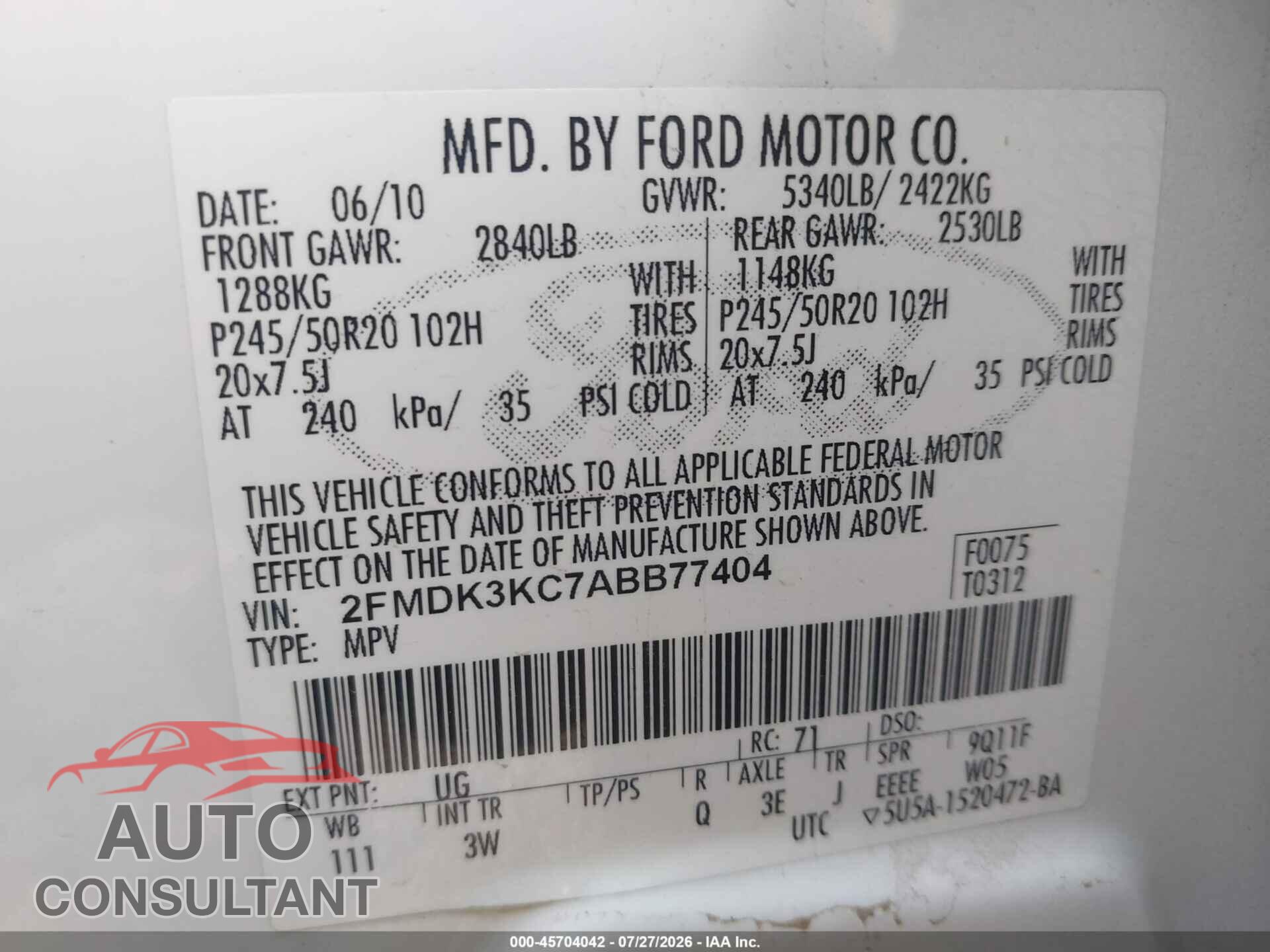 FORD EDGE 2010 - 2FMDK3KC7ABB77404