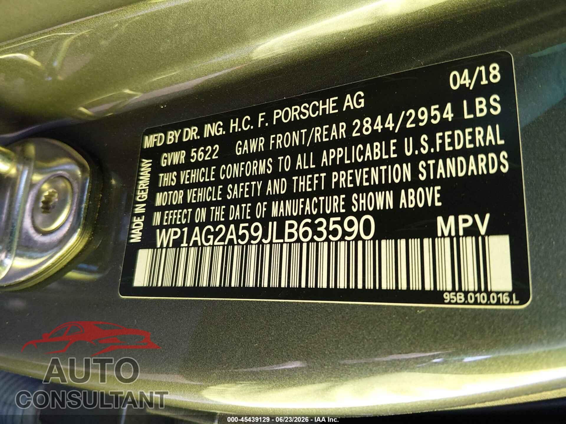 PORSCHE MACAN 2018 - WP1AG2A59JLB63590