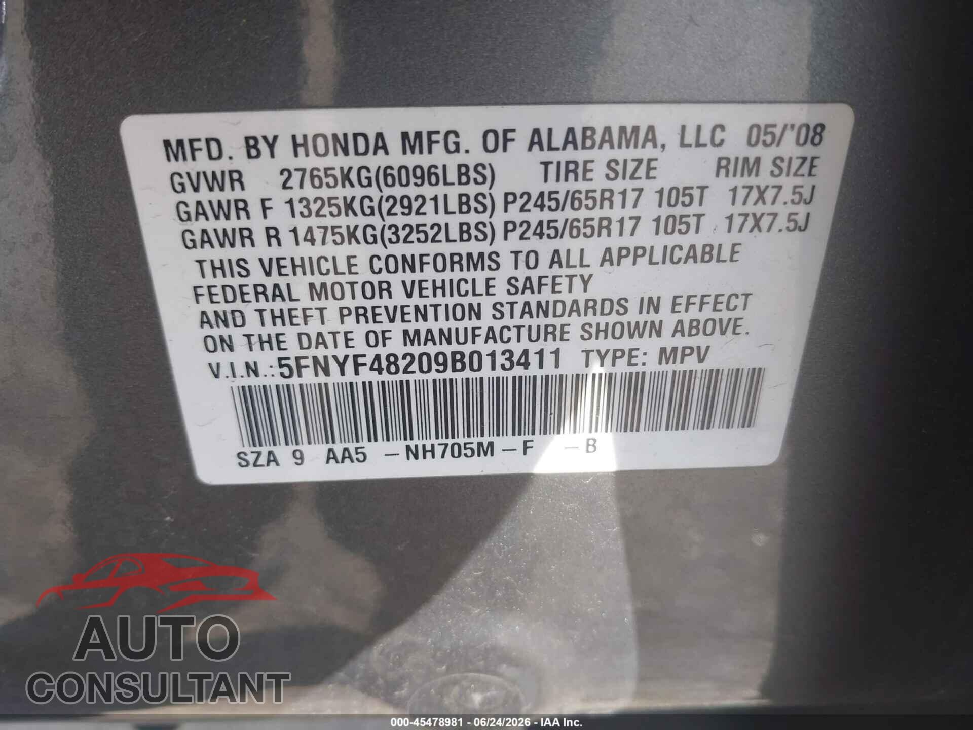 HONDA PILOT 2009 - 5FNYF48209B013411
