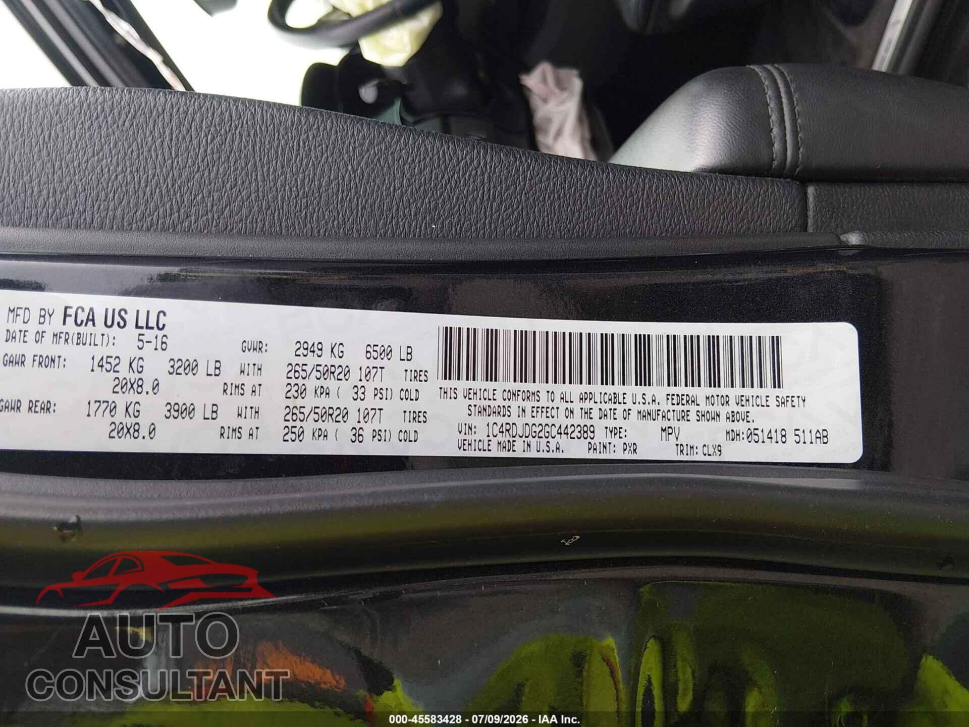 DODGE DURANGO 2016 - 1C4RDJDG2GC442389