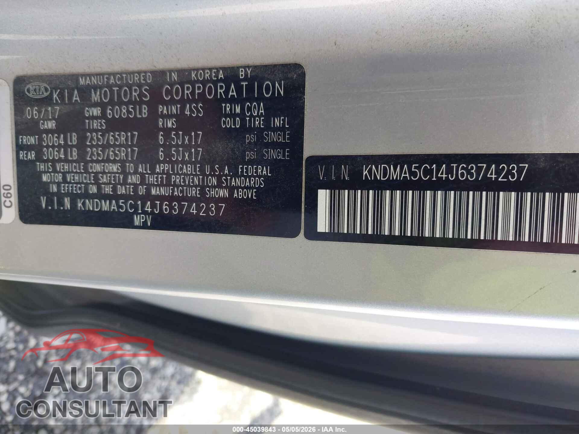 KIA SEDONA 2018 - KNDMA5C14J6374237