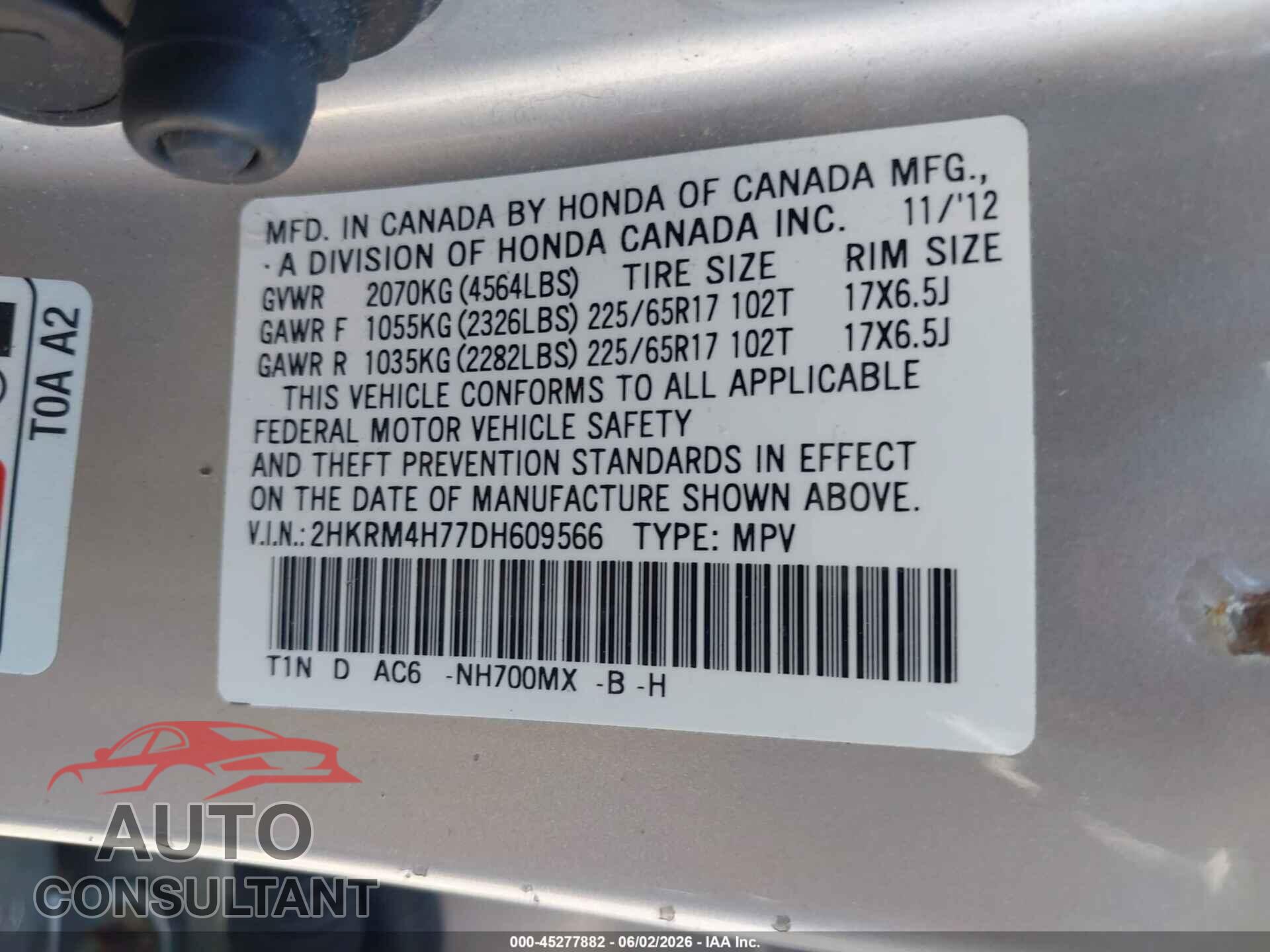 HONDA CR-V 2013 - 2HKRM4H77DH609566