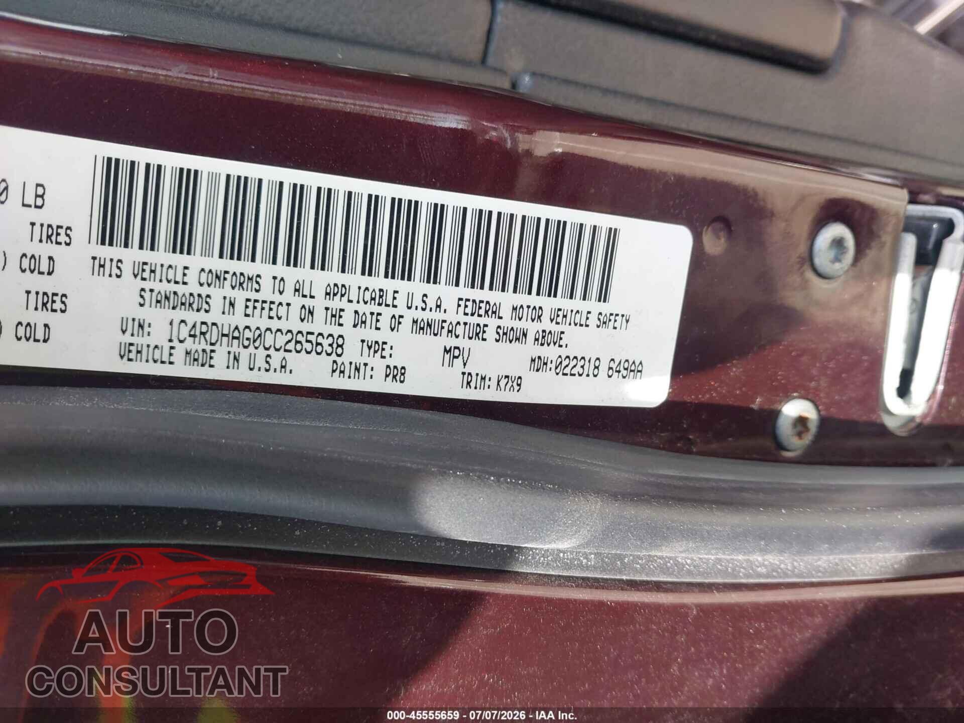 DODGE DURANGO 2012 - 1C4RDHAG0CC265638