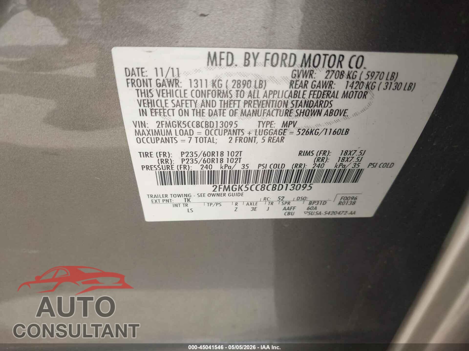 FORD FLEX 2012 - 2FMGK5CC8CBD13095
