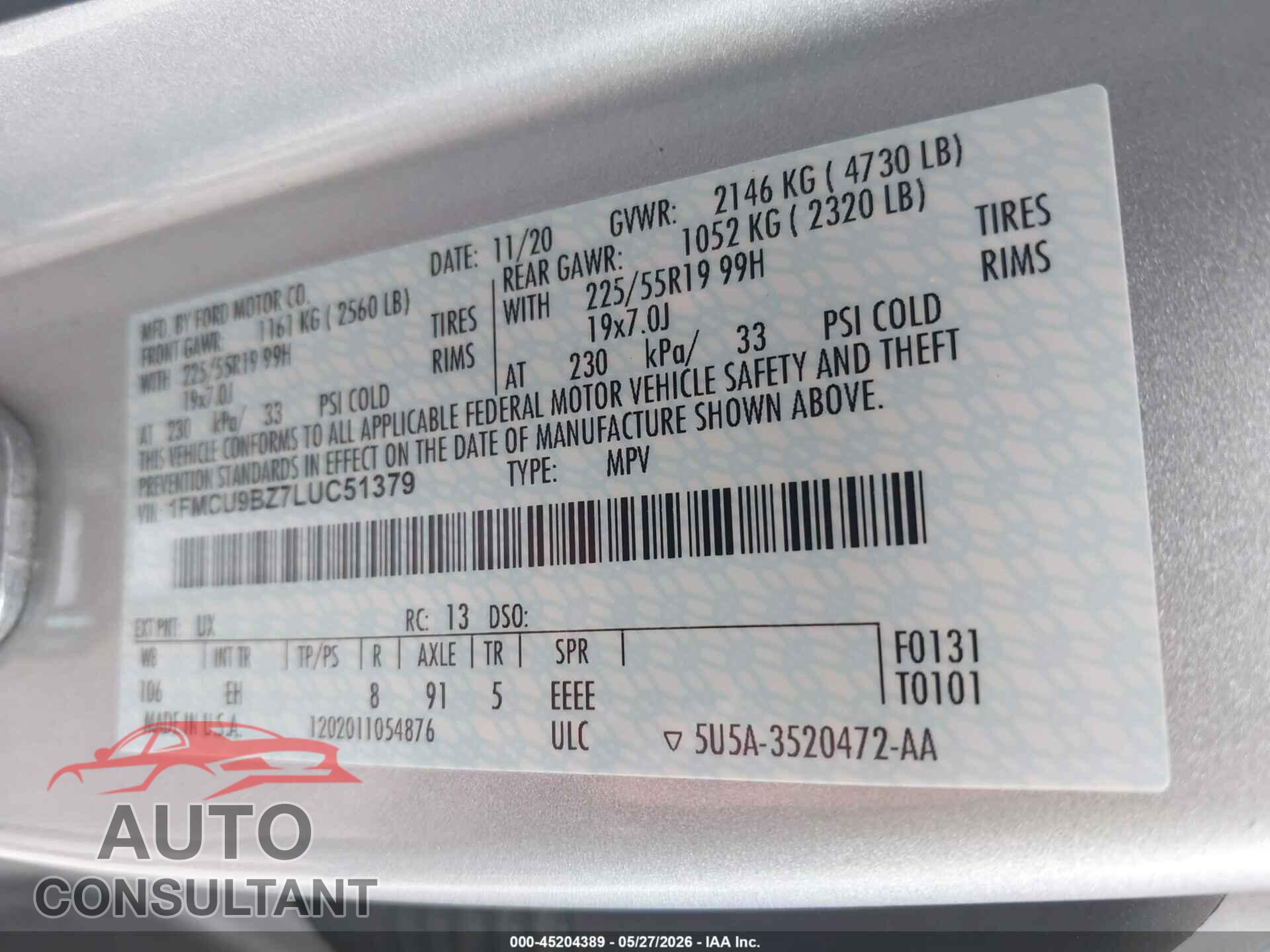 FORD ESCAPE 2020 - 1FMCU9BZ7LUC51379