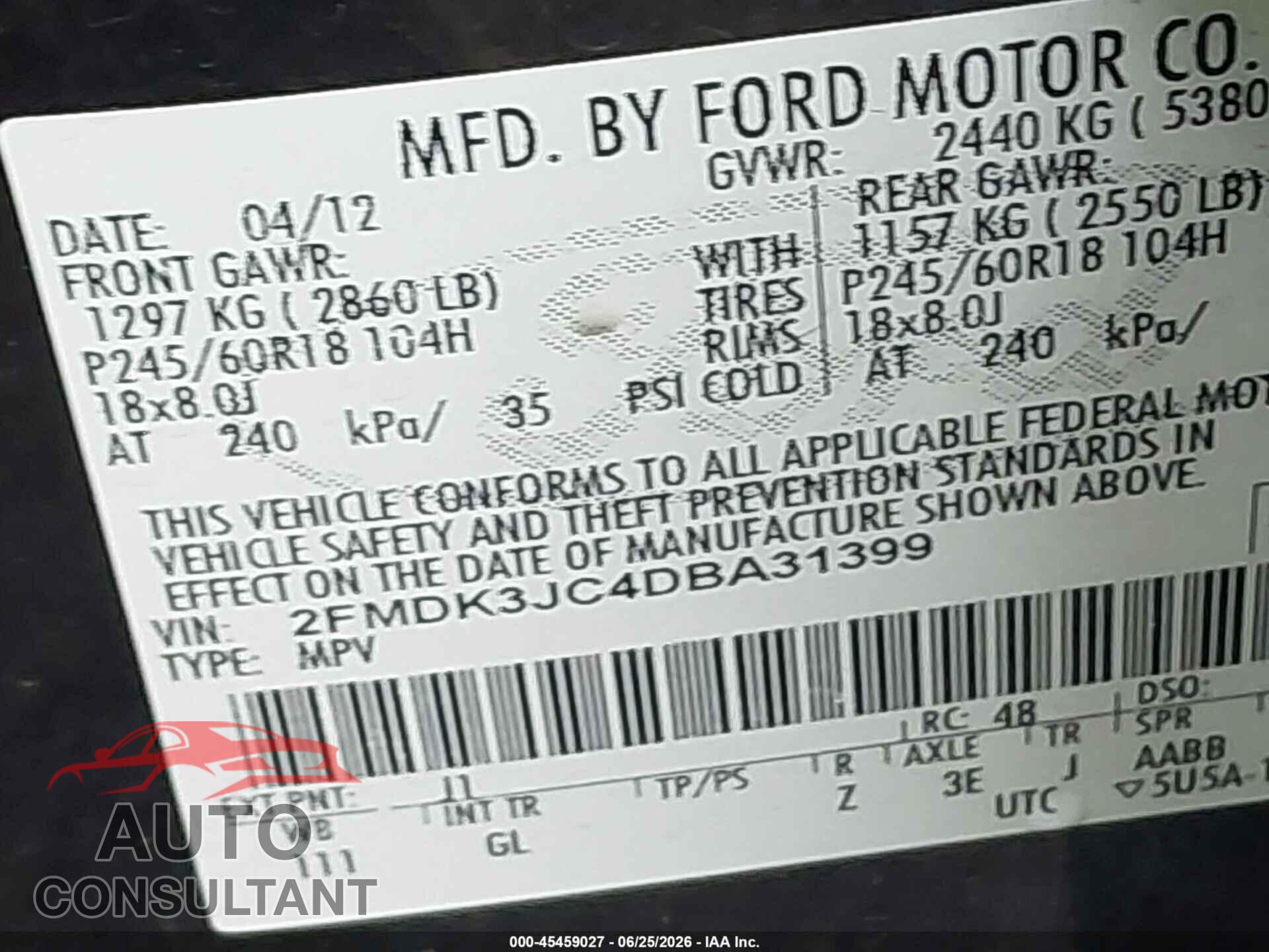 FORD EDGE 2013 - 2FMDK3JC4DBA31399