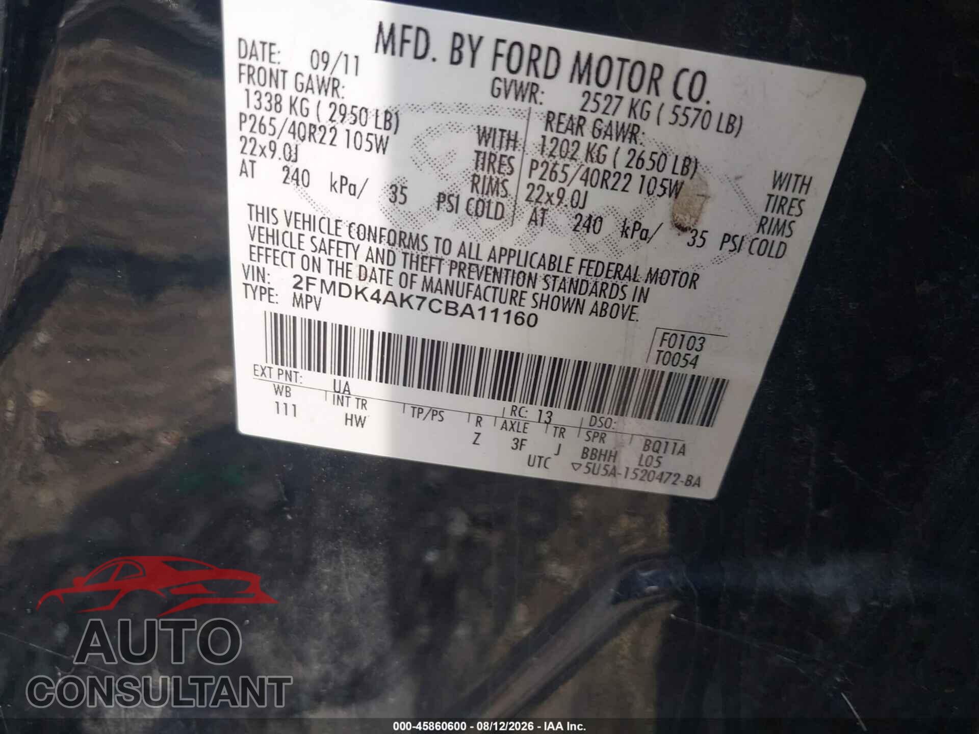 FORD EDGE 2012 - 2FMDK4AK7CBA11160