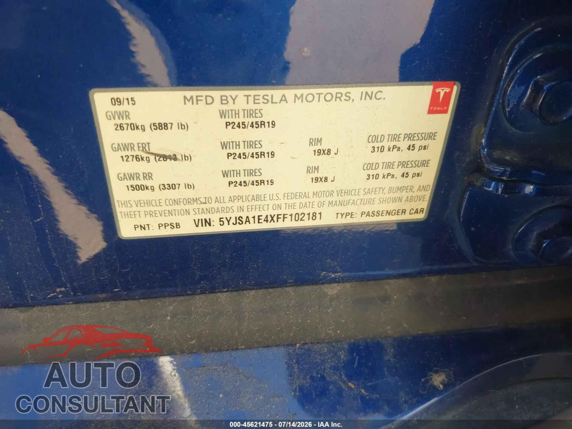 TESLA MODEL S 2015 - 5YJSA1E4XFF102181