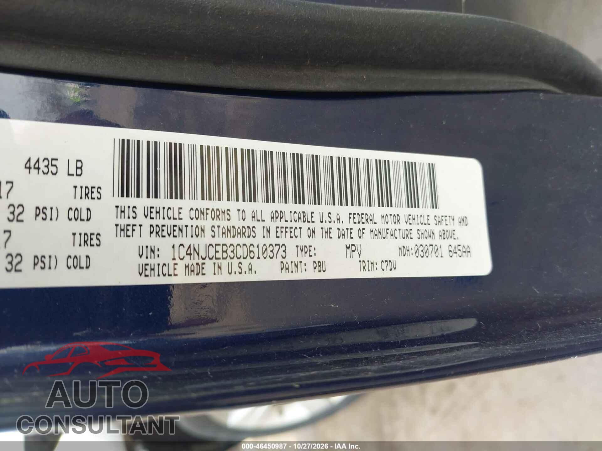 JEEP COMPASS 2012 - 1C4NJCEB3CD610373