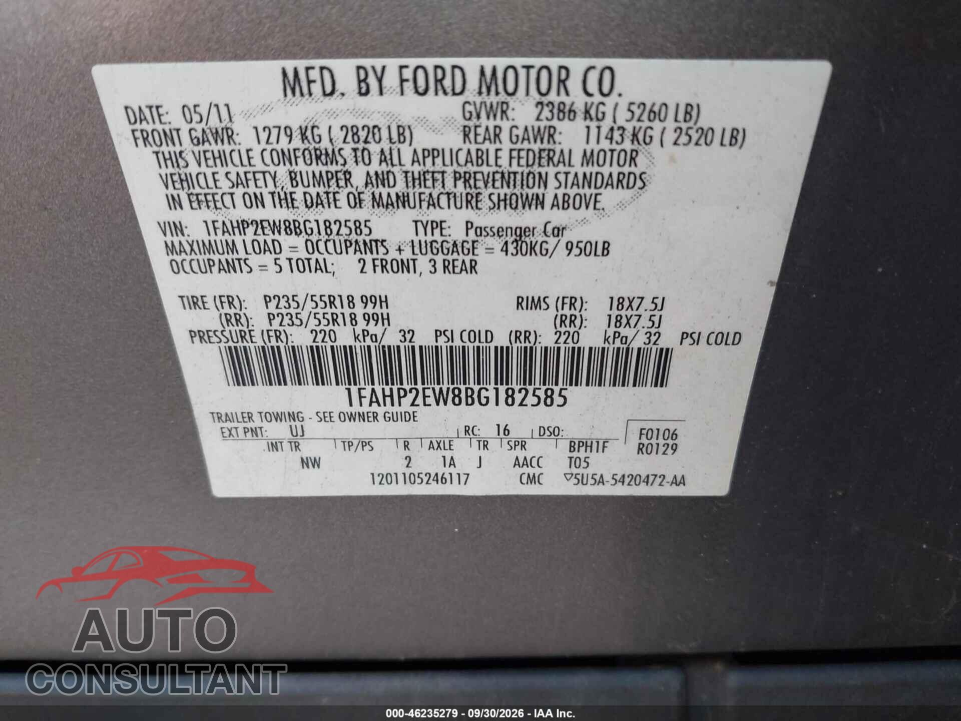 FORD TAURUS 2011 - 1FAHP2EW8BG182585