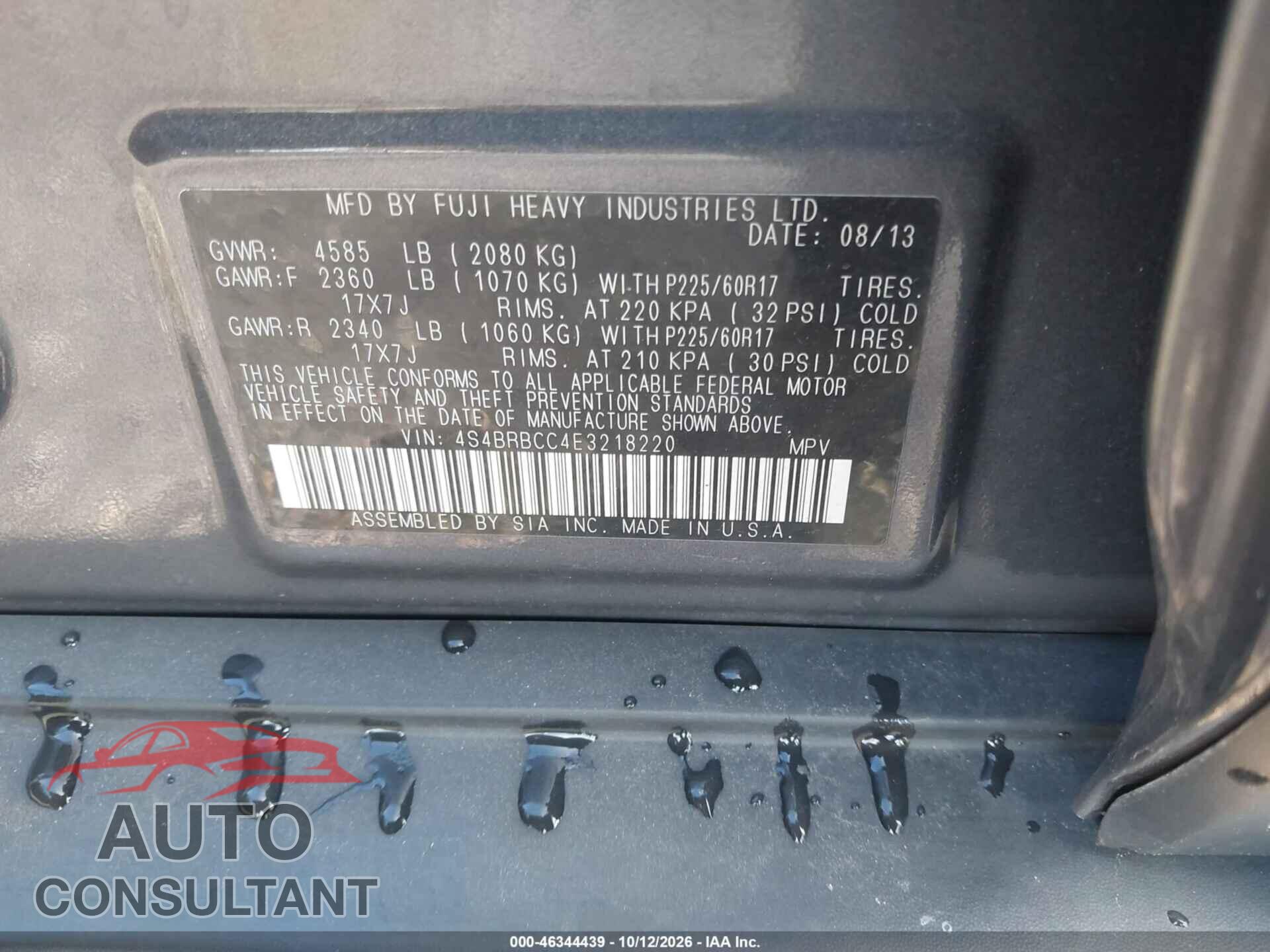 SUBARU OUTBACK 2014 - 4S4BRBCC4E3218220