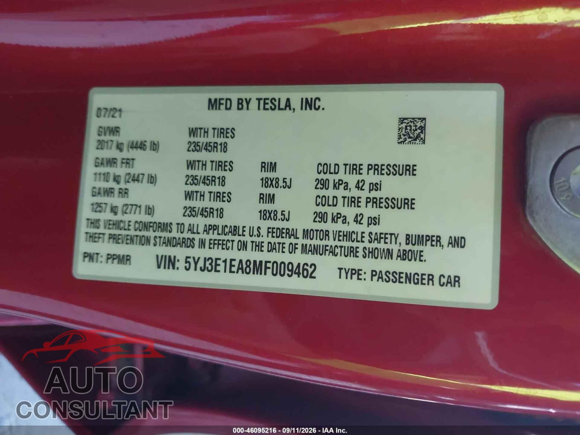 TESLA MODEL 3 2021 - 5YJ3E1EA8MF009462
