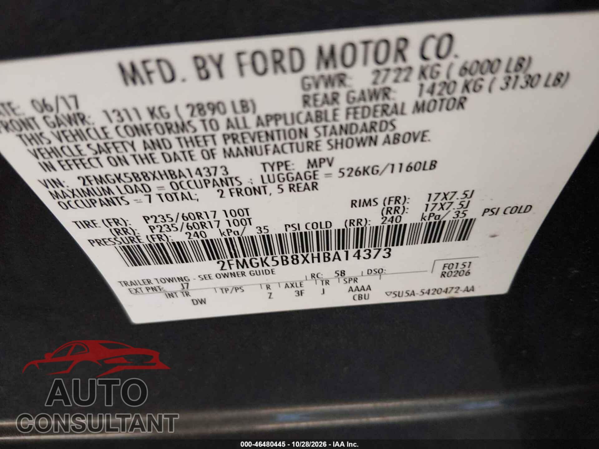 FORD FLEX 2017 - 2FMGK5B8XHBA14373