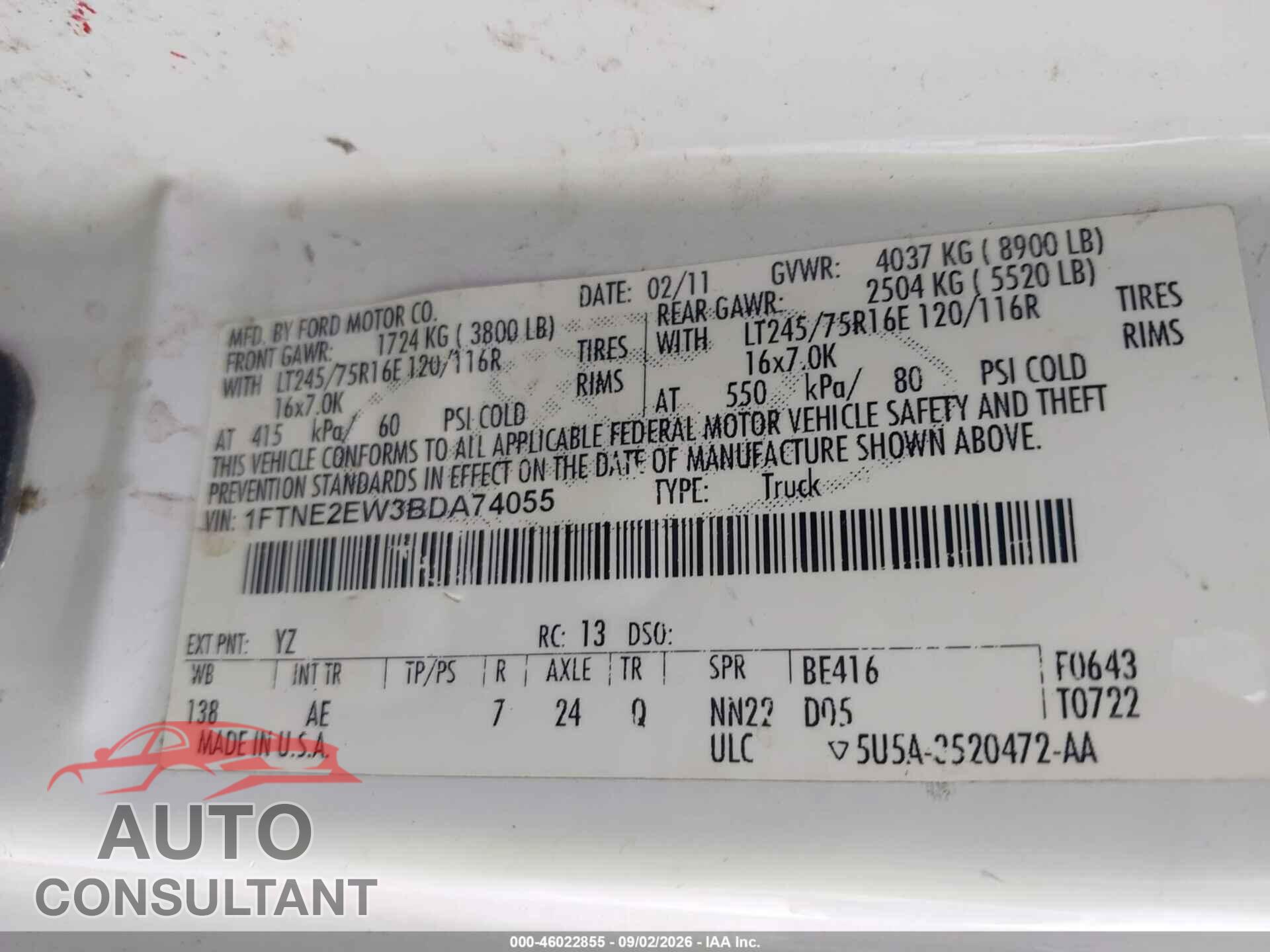 FORD E-250 2011 - 1FTNE2EW3BDA74055