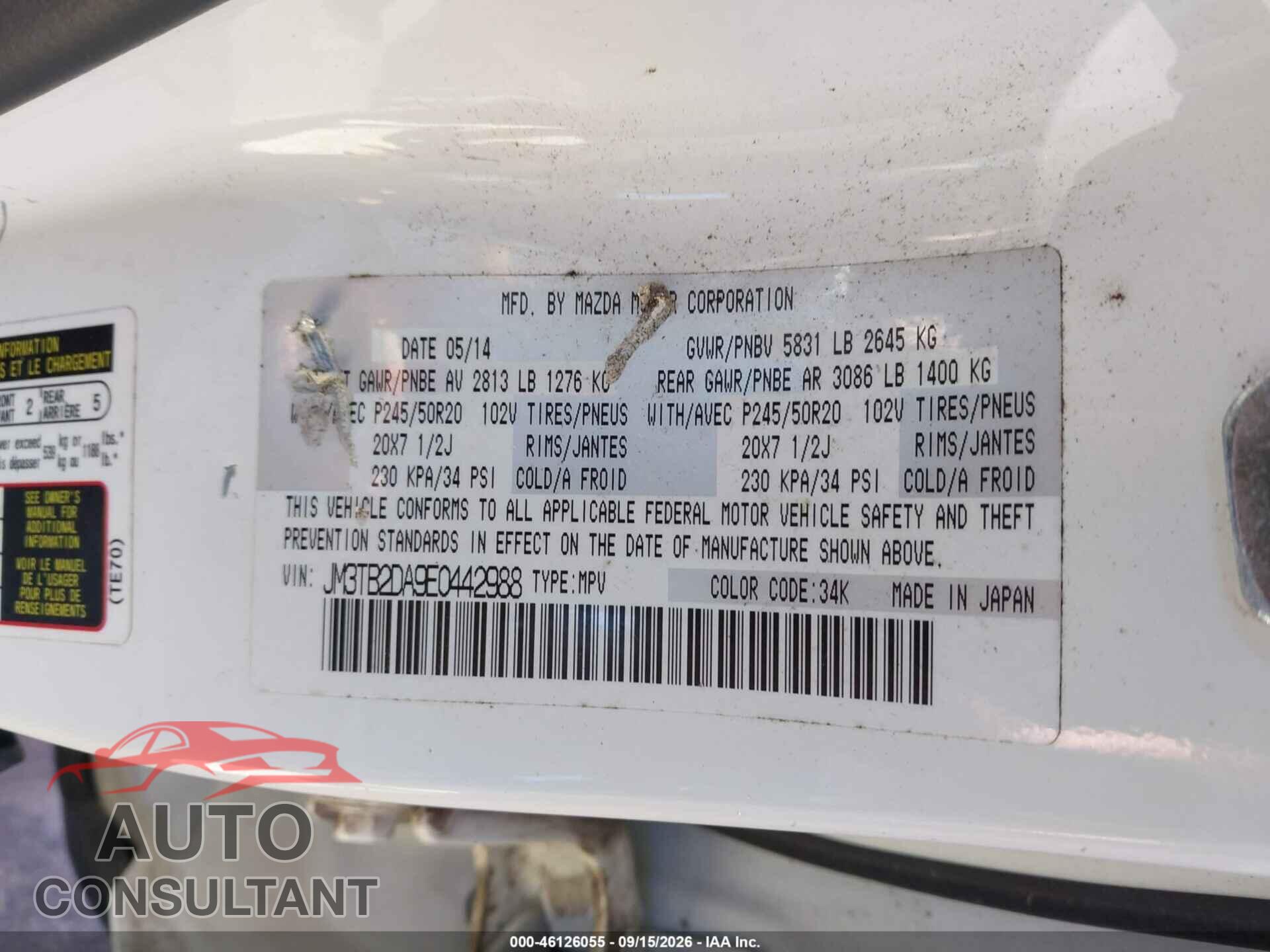 MAZDA CX-9 2014 - JM3TB2DA9E0442988