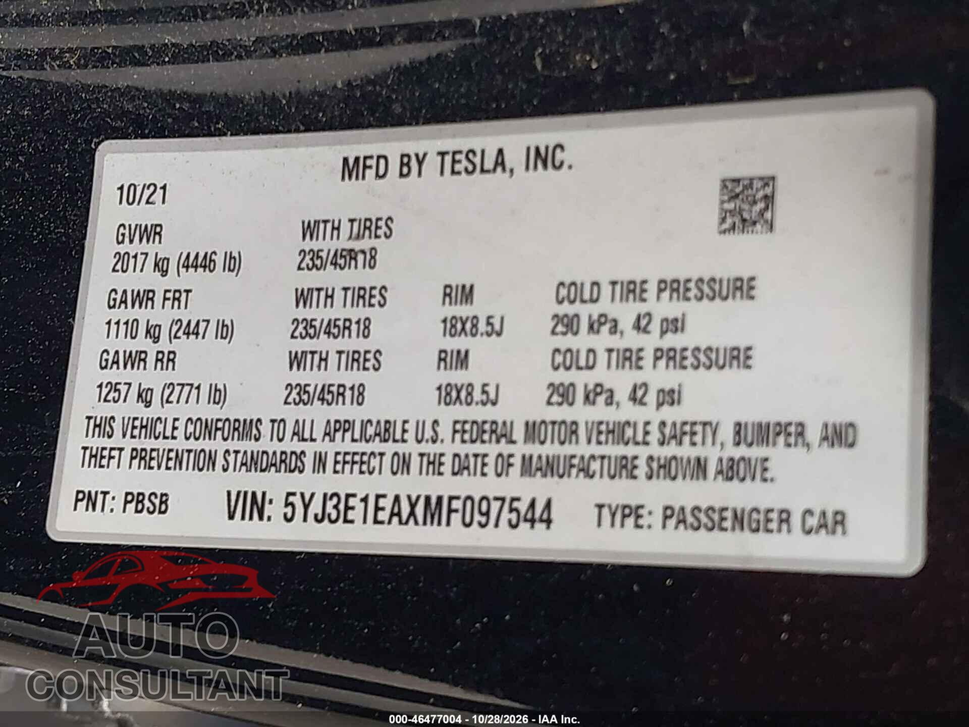 TESLA MODEL 3 2021 - 5YJ3E1EAXMF097544