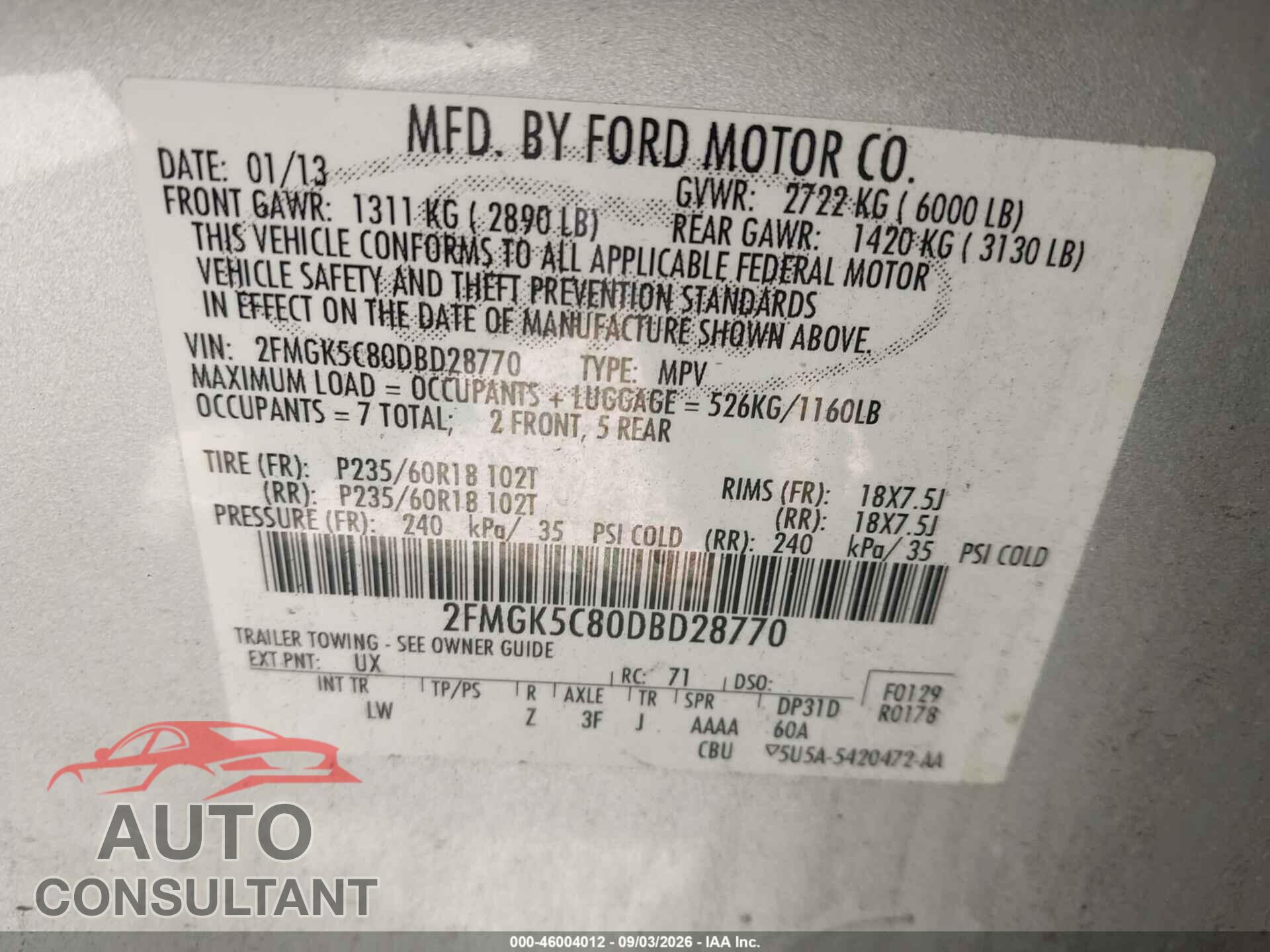 FORD FLEX 2013 - 2FMGK5C80DBD28770