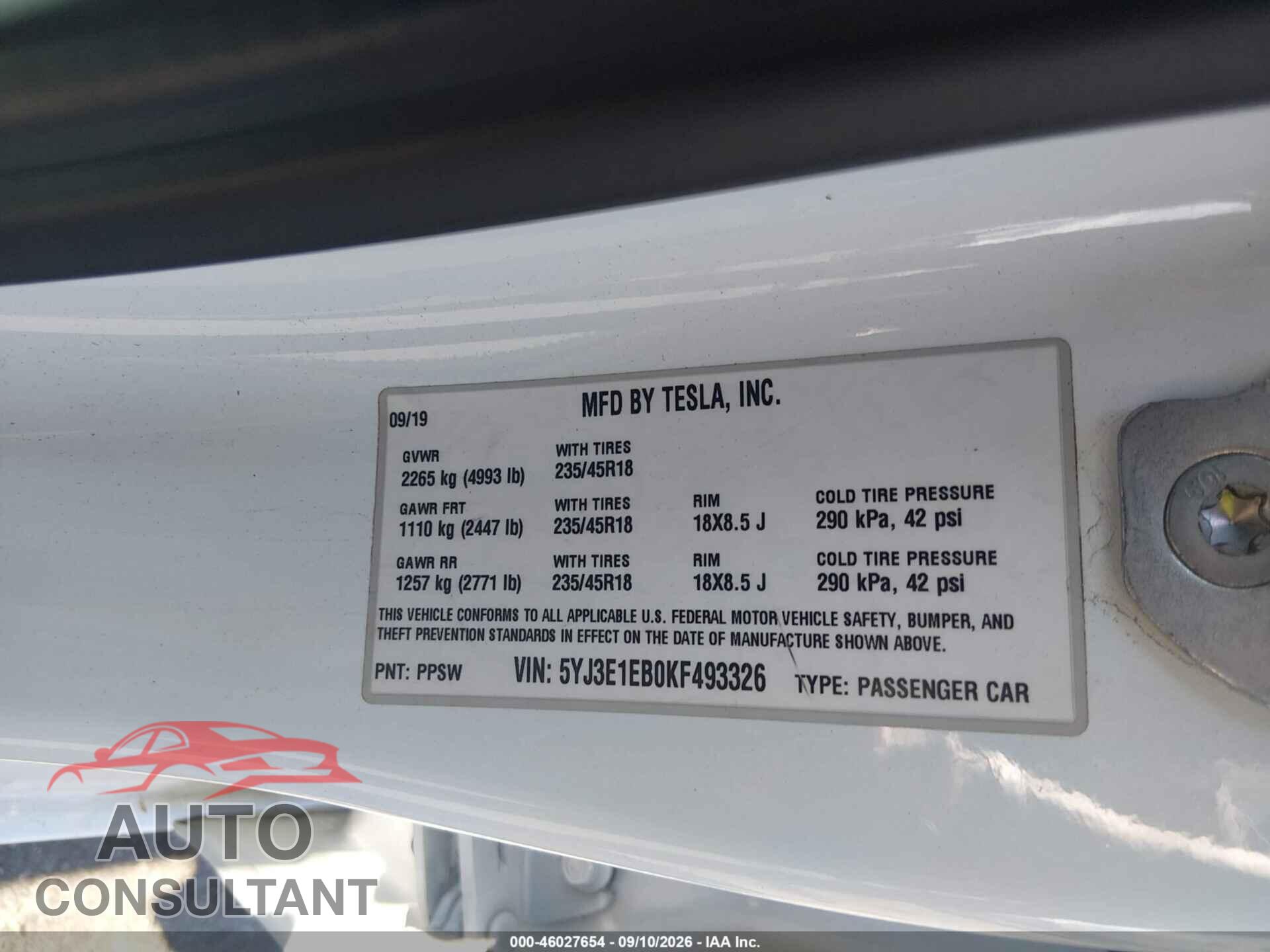 TESLA MODEL 3 2019 - 5YJ3E1EB0KF493326