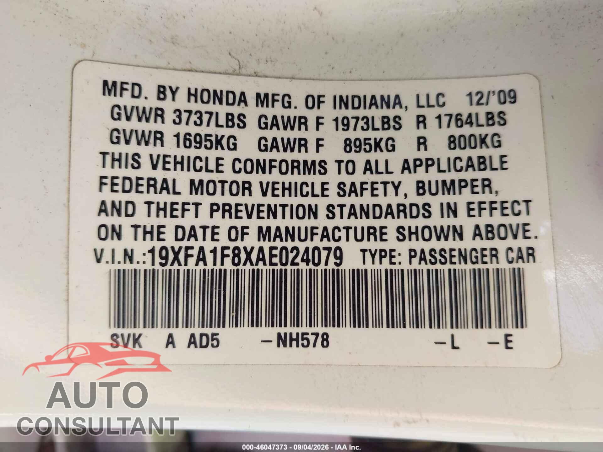 HONDA CIVIC 2010 - 19XFA1F8XAE024079