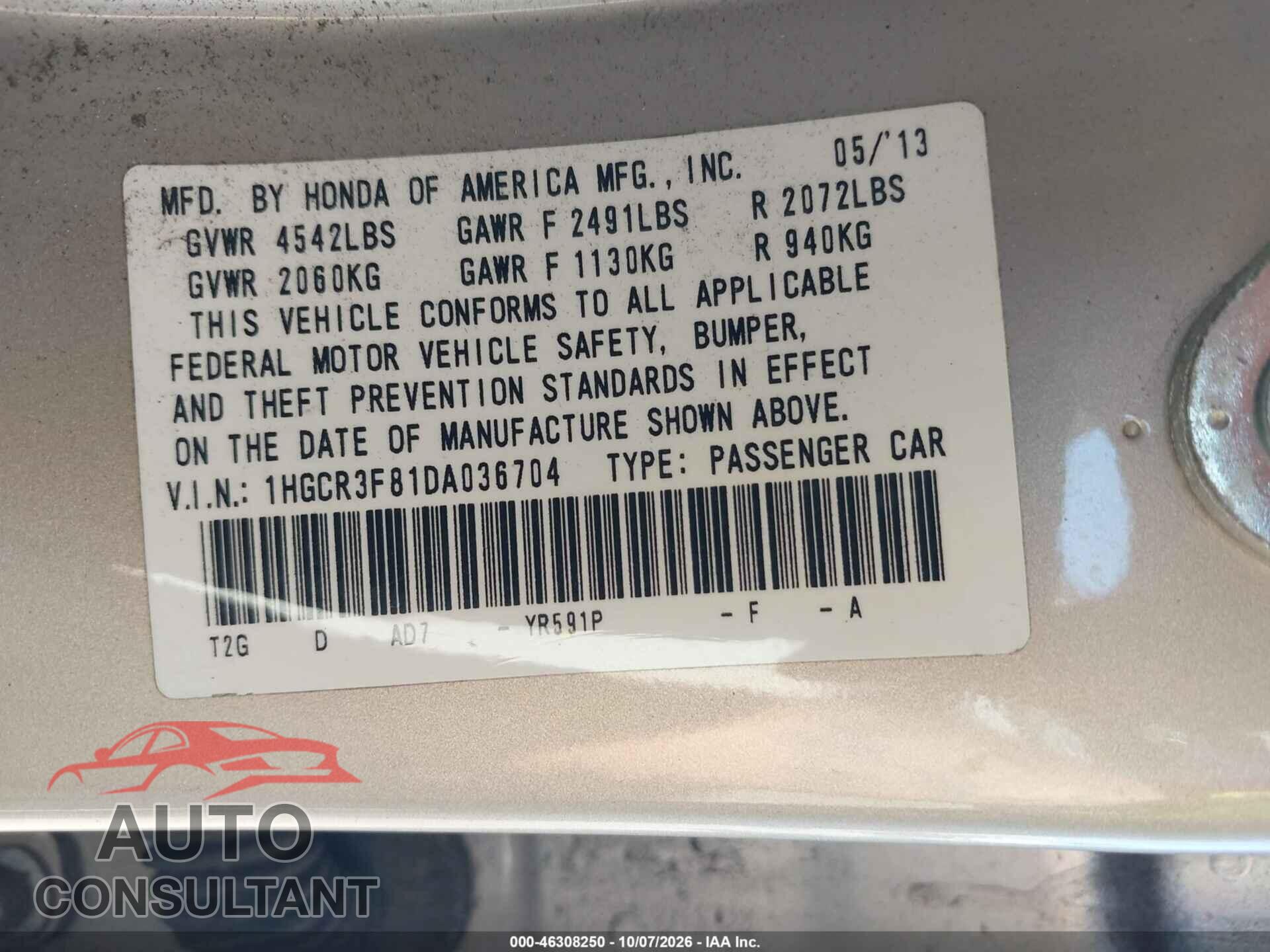 HONDA ACCORD 2013 - 1HGCR3F81DA036704