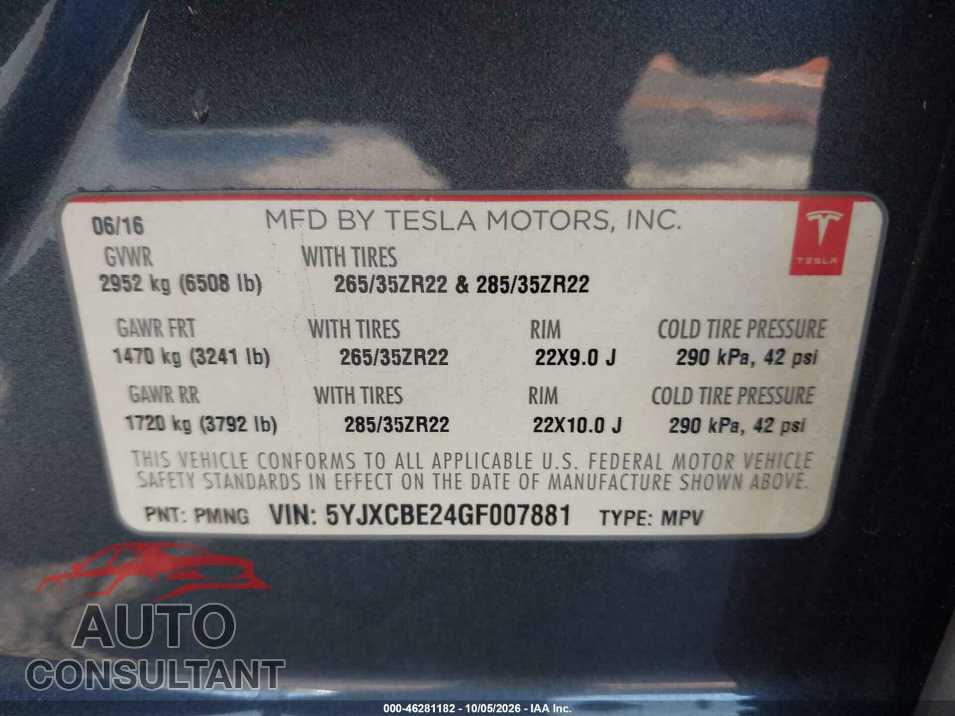 TESLA MODEL X 2016 - 5YJXCBE24GF007881