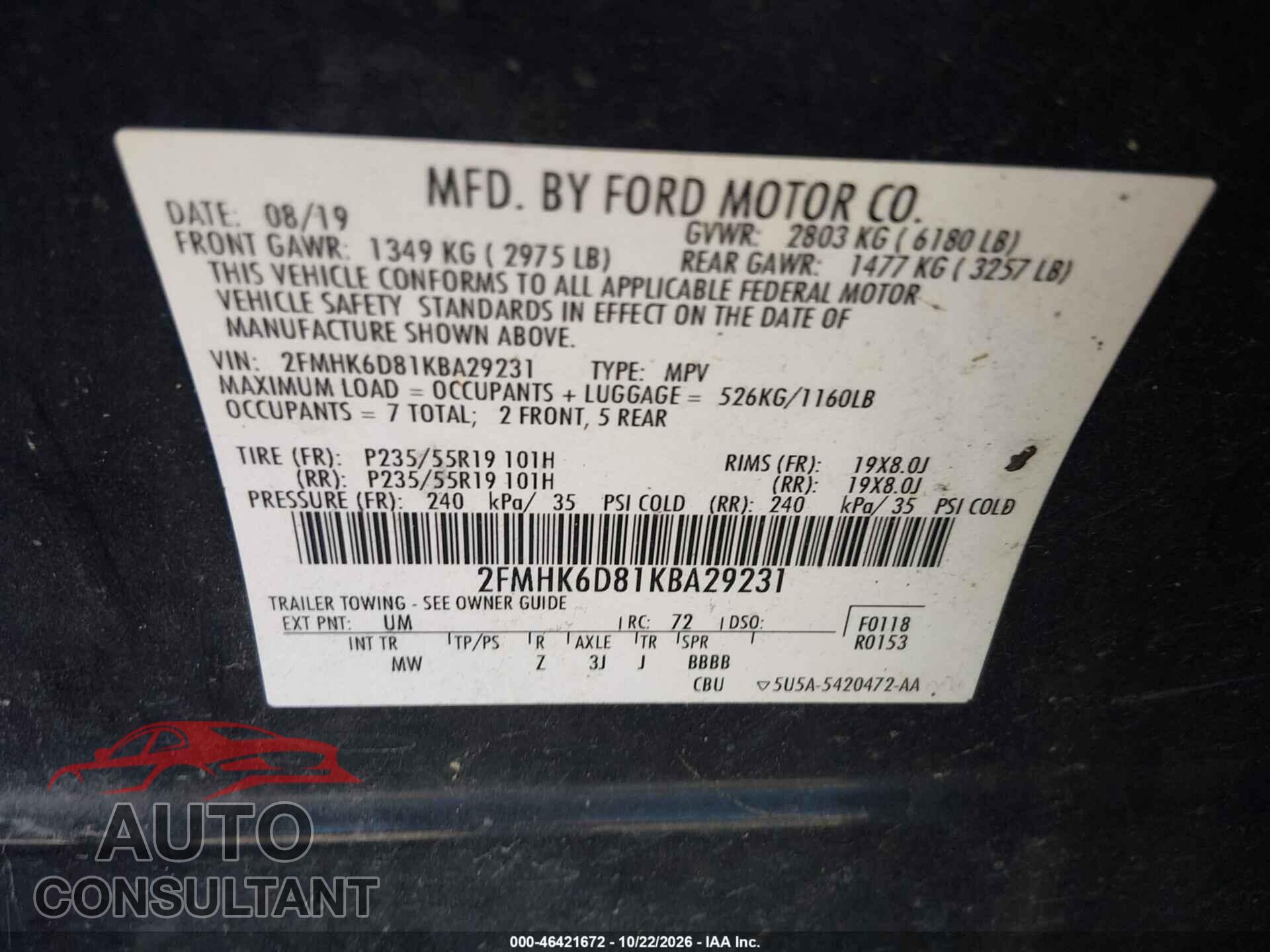 FORD FLEX 2019 - 2FMHK6D81KBA29231
