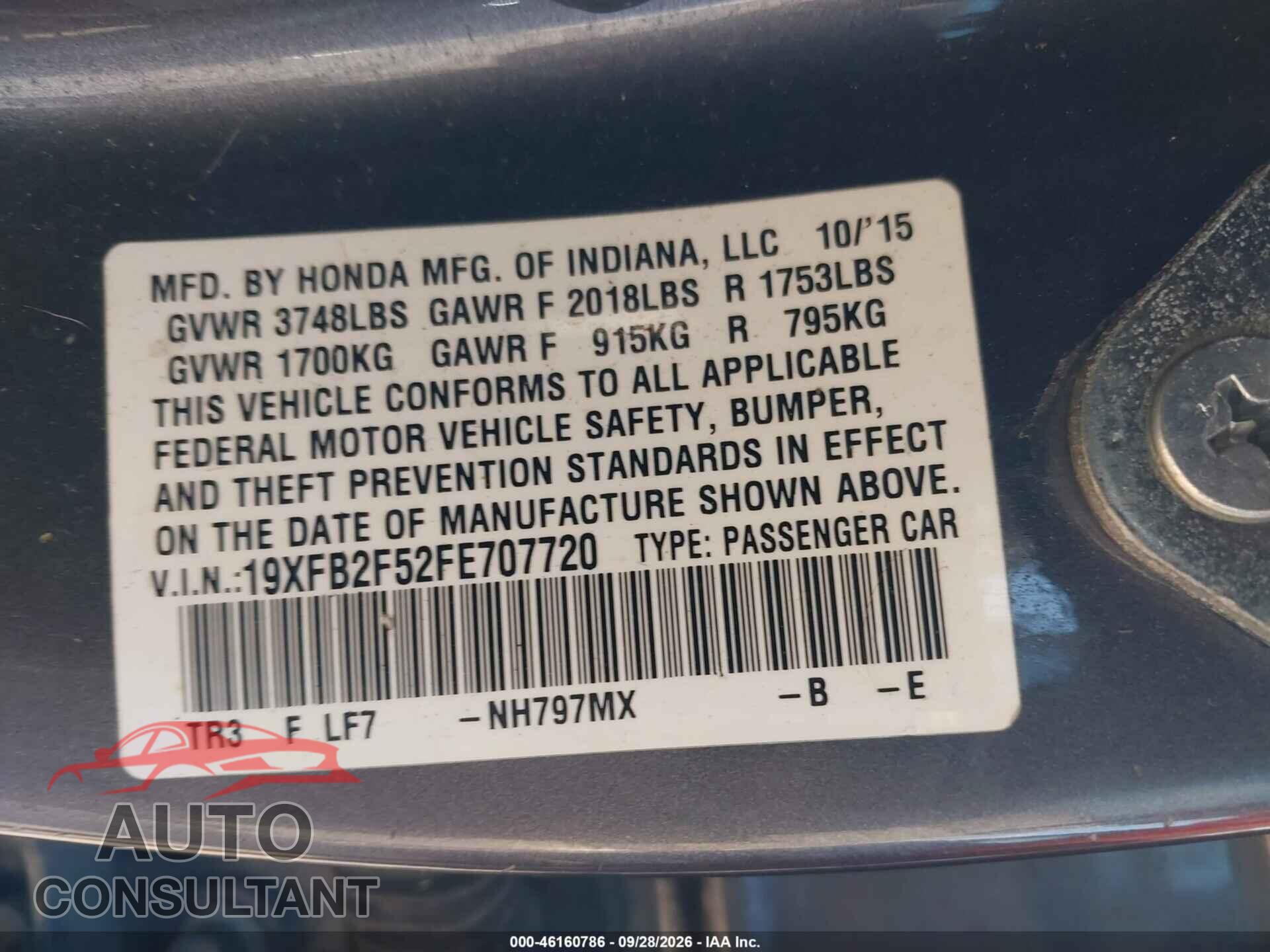HONDA CIVIC 2015 - 19XFB2F52FE707720