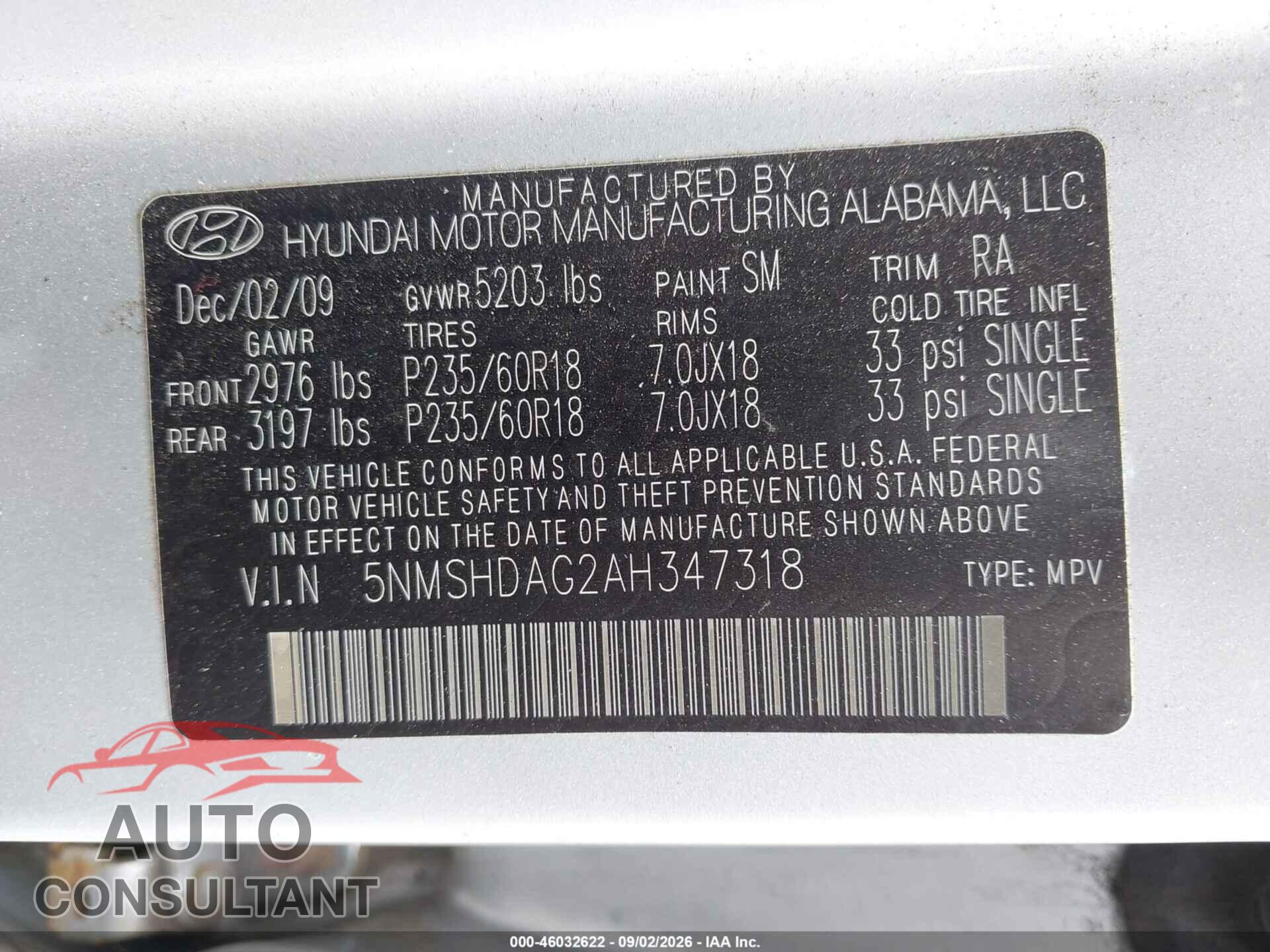 HYUNDAI SANTA FE 2010 - 5NMSHDAG2AH347318