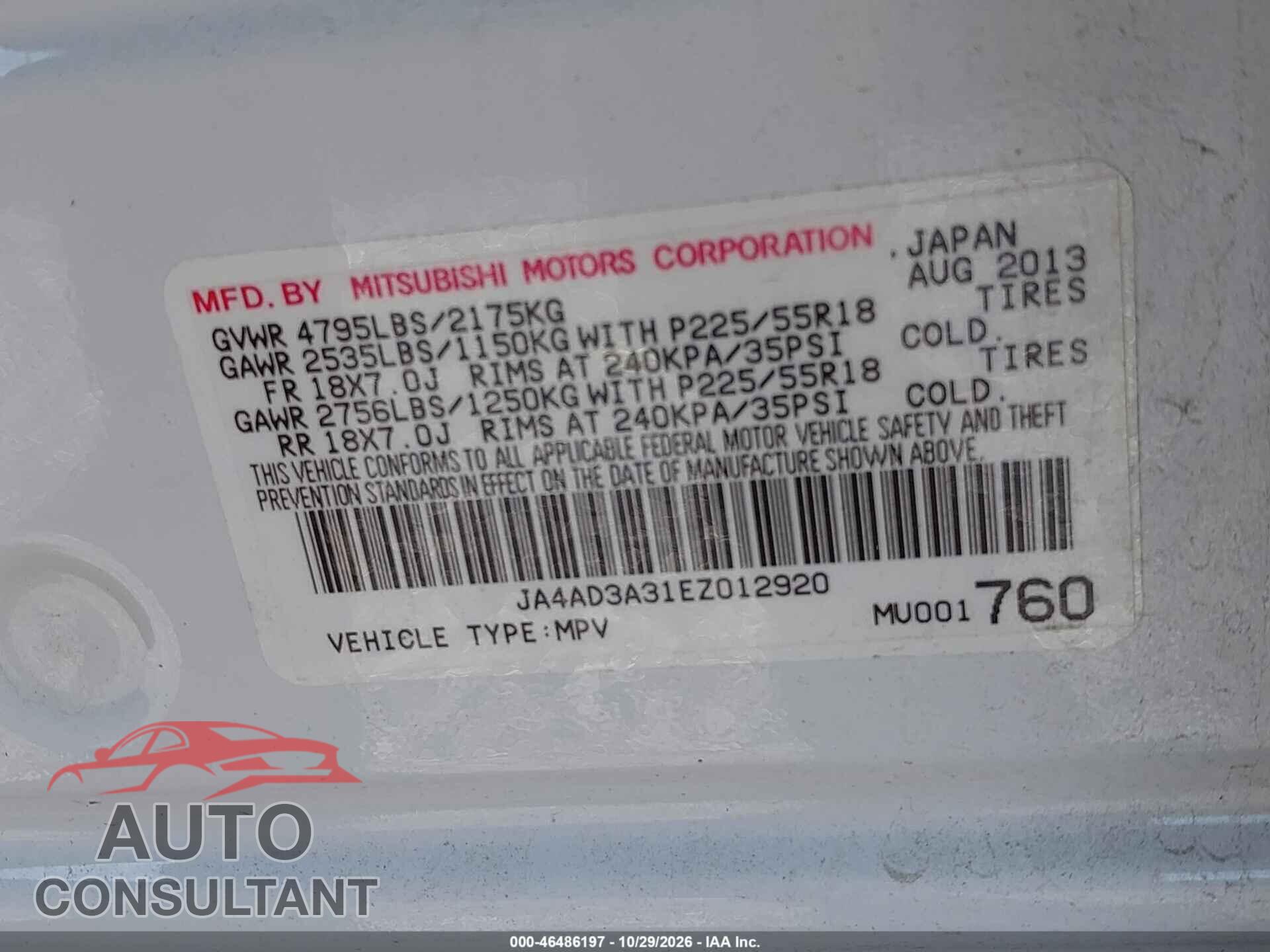 MITSUBISHI OUTLANDER 2014 - JA4AD3A31EZ012920