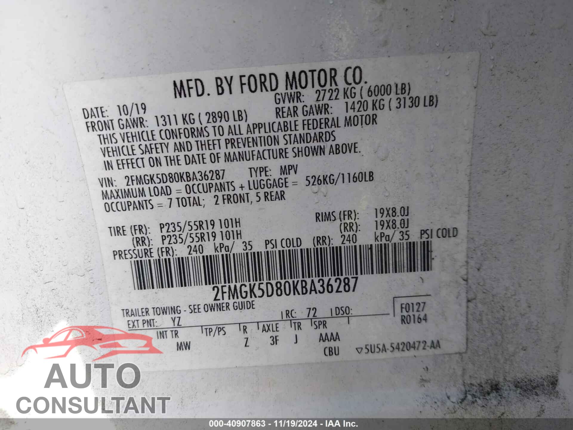 FORD FLEX 2019 - 2FMGK5D80KBA36287