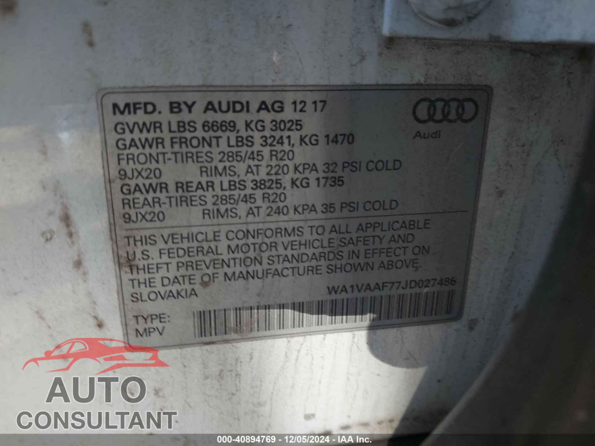 AUDI Q7 2018 - WA1VAAF77JD027486