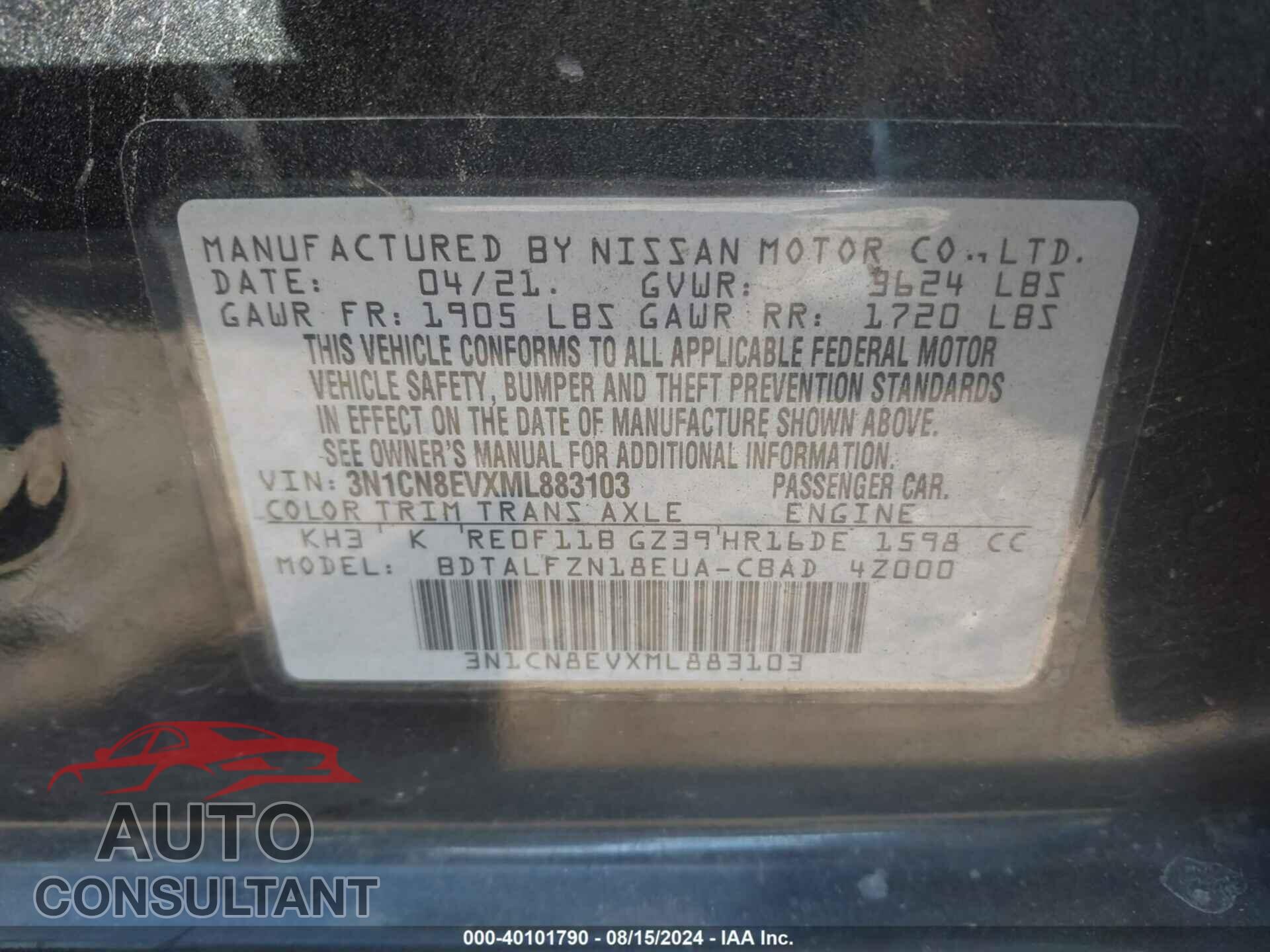 NISSAN VERSA 2021 - 3N1CN8EVXML883103