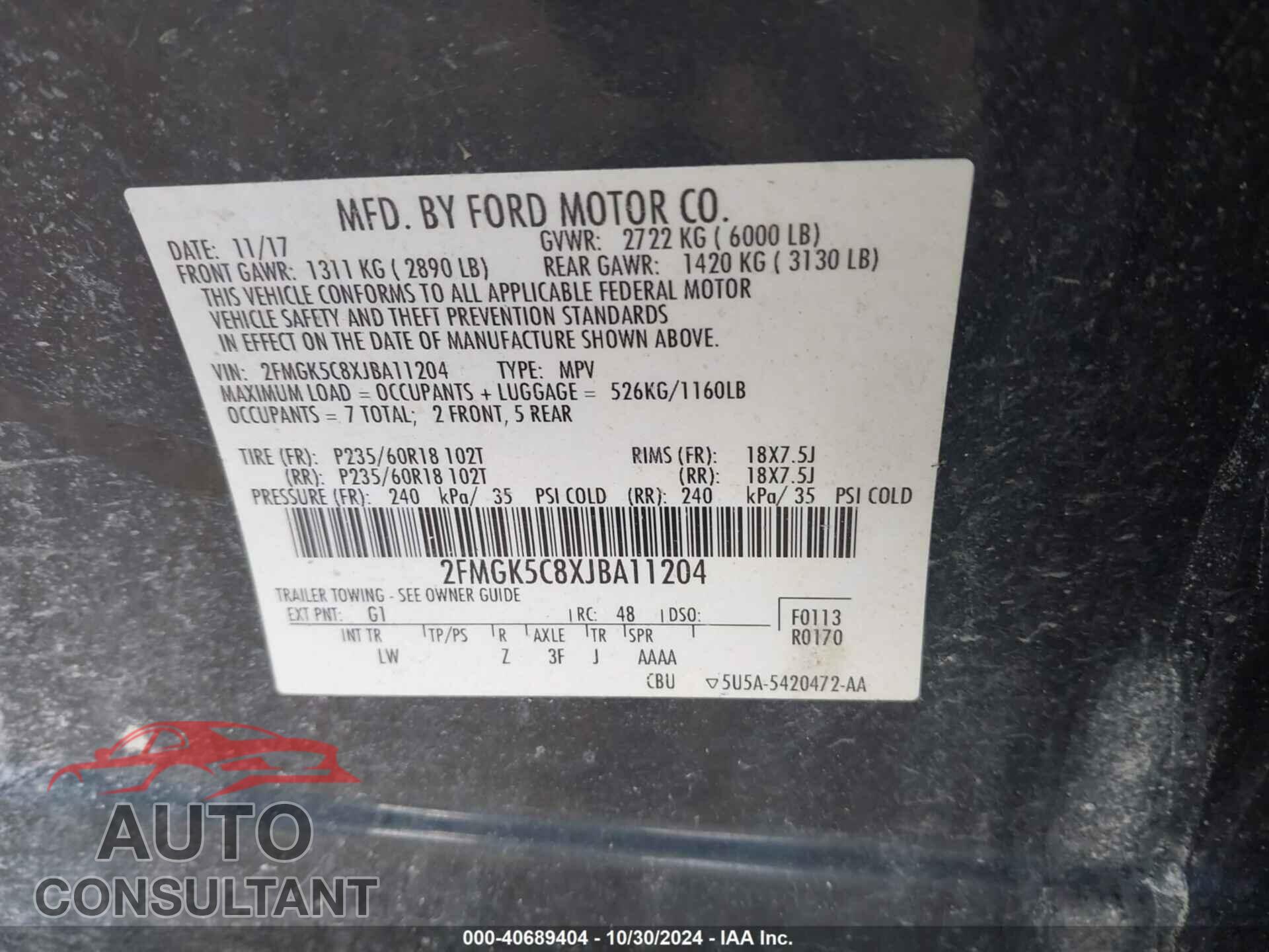 FORD FLEX 2018 - 2FMGK5C8XJBA11204