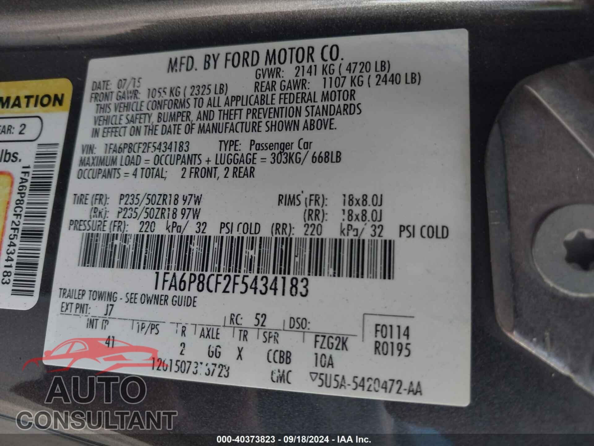 FORD MUSTANG 2015 - 1FA6P8CF2F5434183
