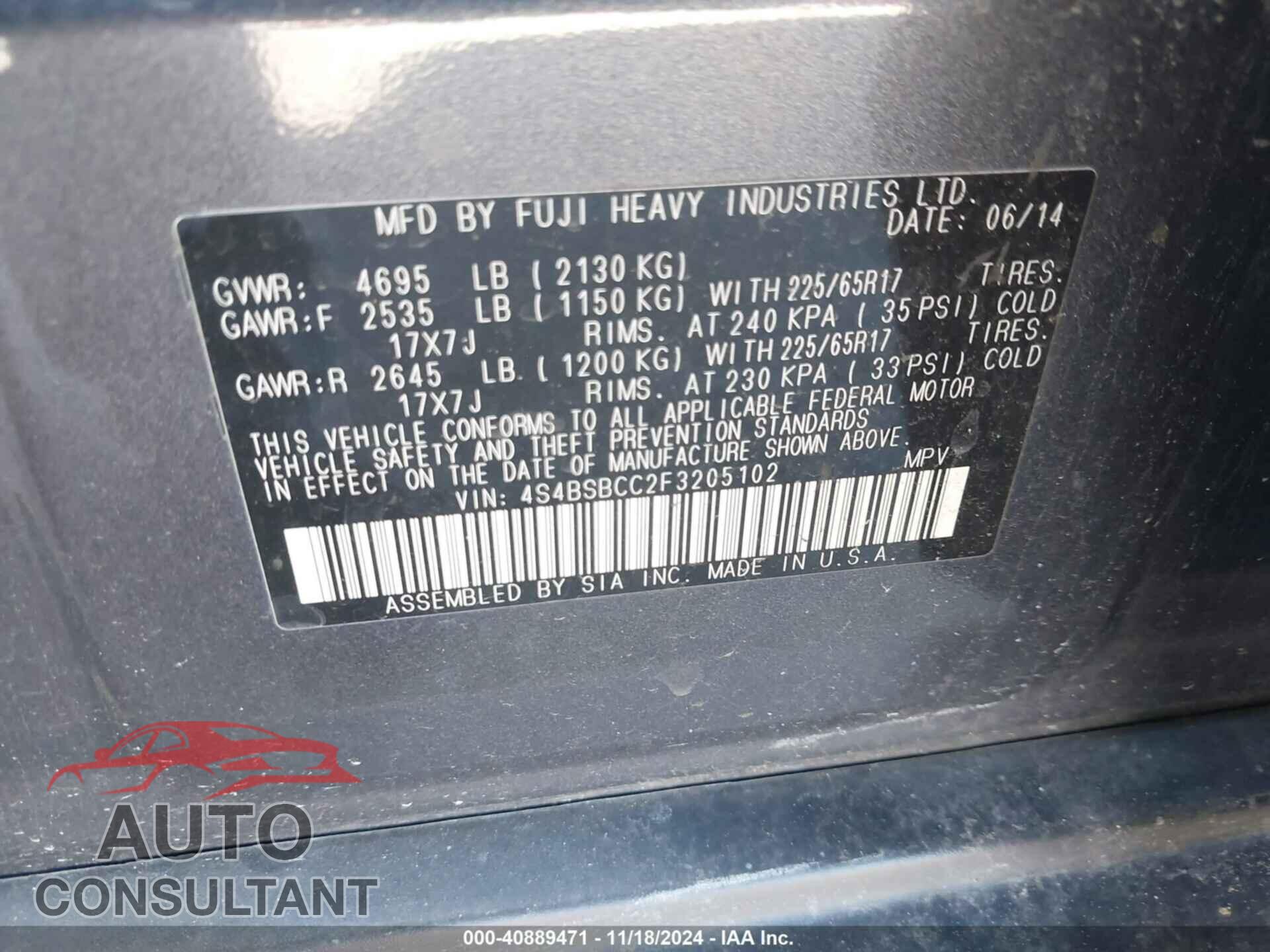 SUBARU OUTBACK 2015 - 4S4BSBCC2F3205102
