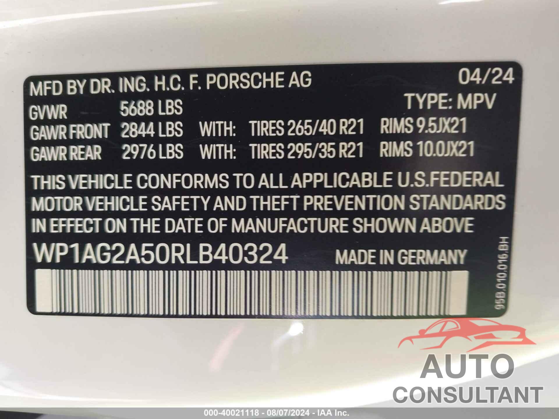 PORSCHE MACAN 2024 - WP1AG2A50RLB40324