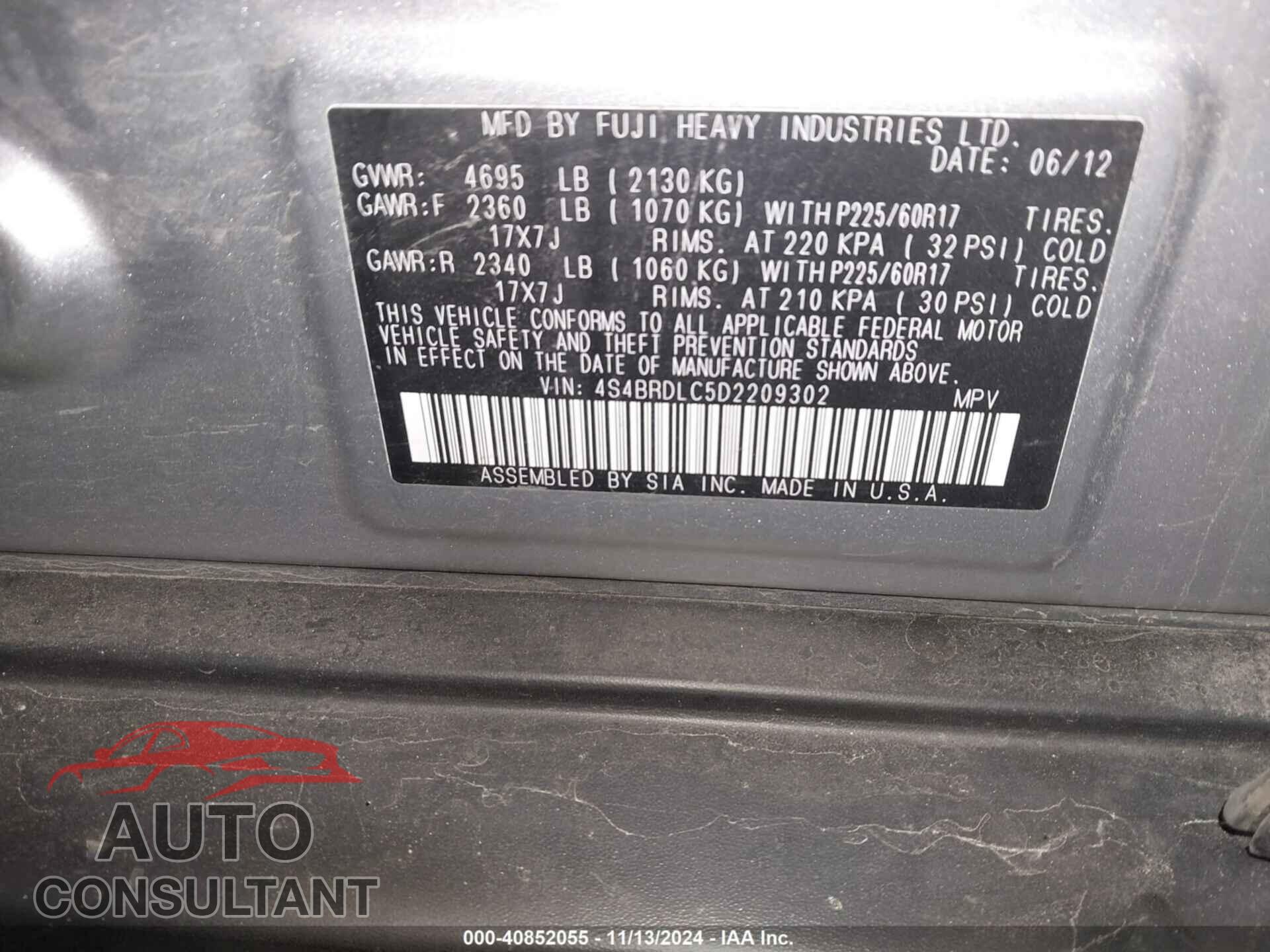 SUBARU OUTBACK 2013 - 4S4BRDLC5D2209302